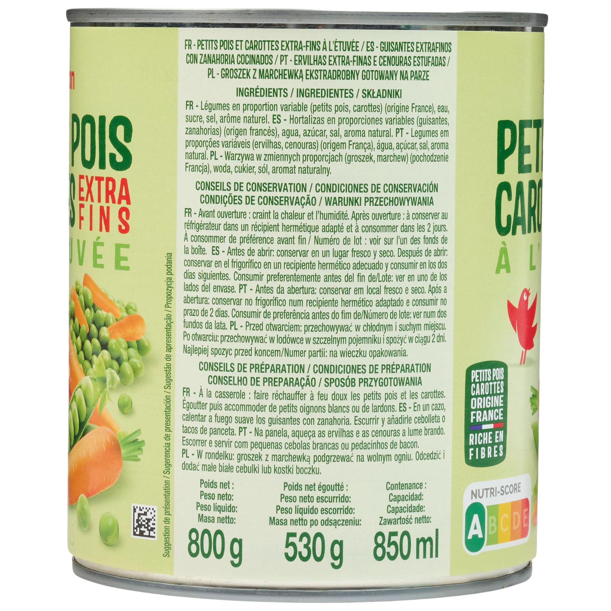 Voir la diapositive 2 : AUCHAN Petits pois carottes à l'étuvée extra-fins 530g