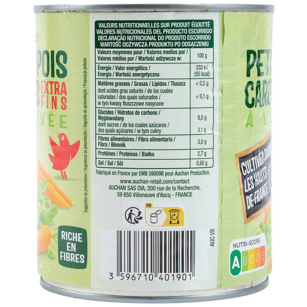 AUCHAN Petits pois carottes à l'étuvée extra-fins 530g