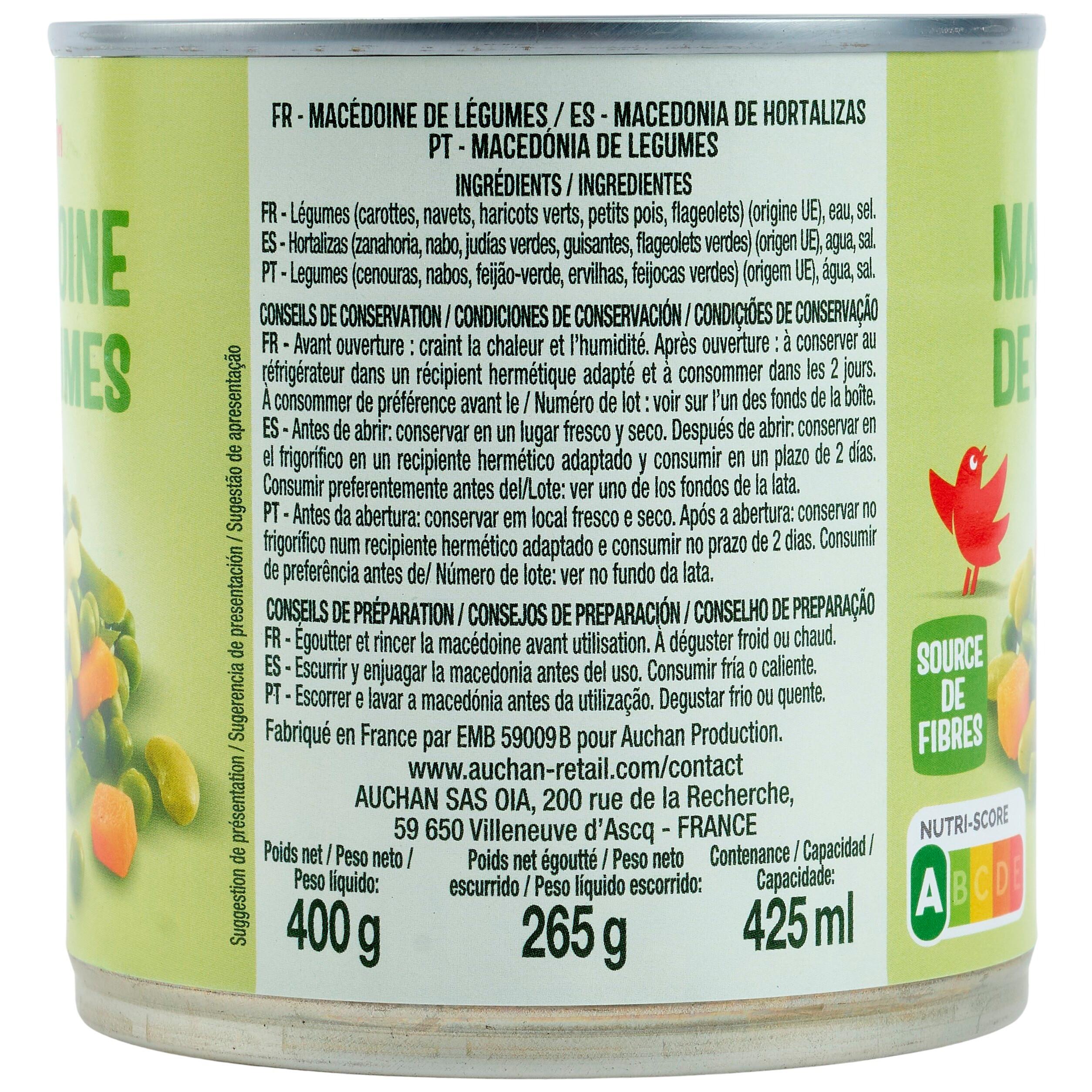 Voir la diapositive 2 : AUCHAN Macédoine de légumes 265g