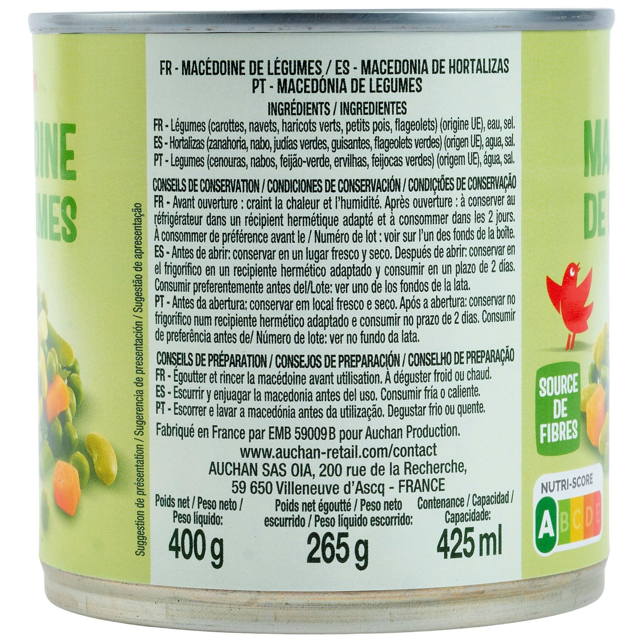 Voir la diapositive 3 : AUCHAN Macédoine de légumes 265g