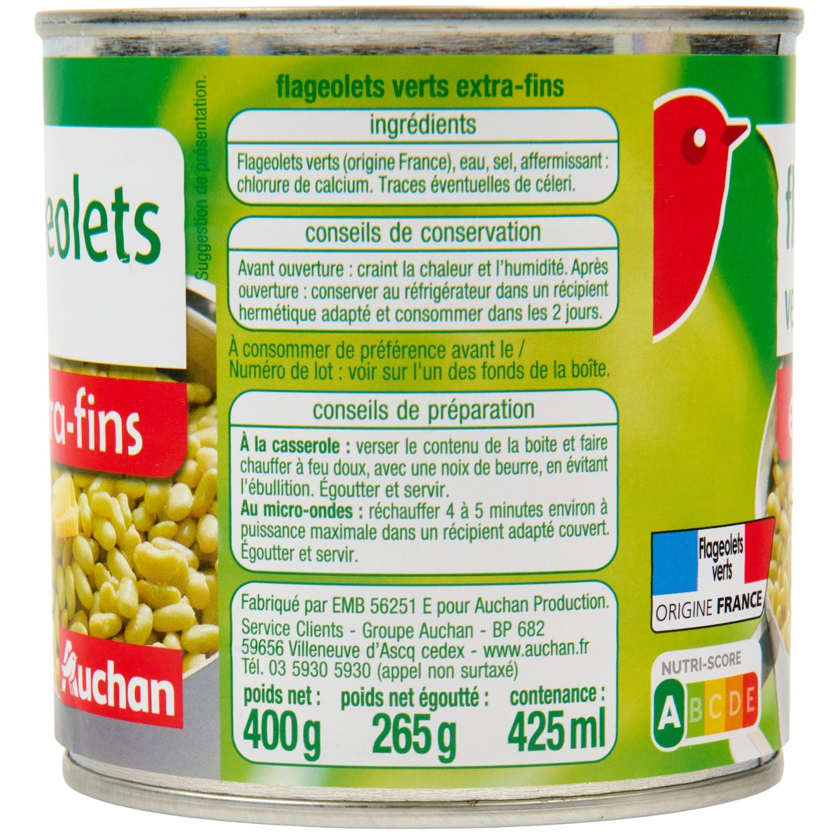 AUCHAN Flageolets verts extra fins 265g