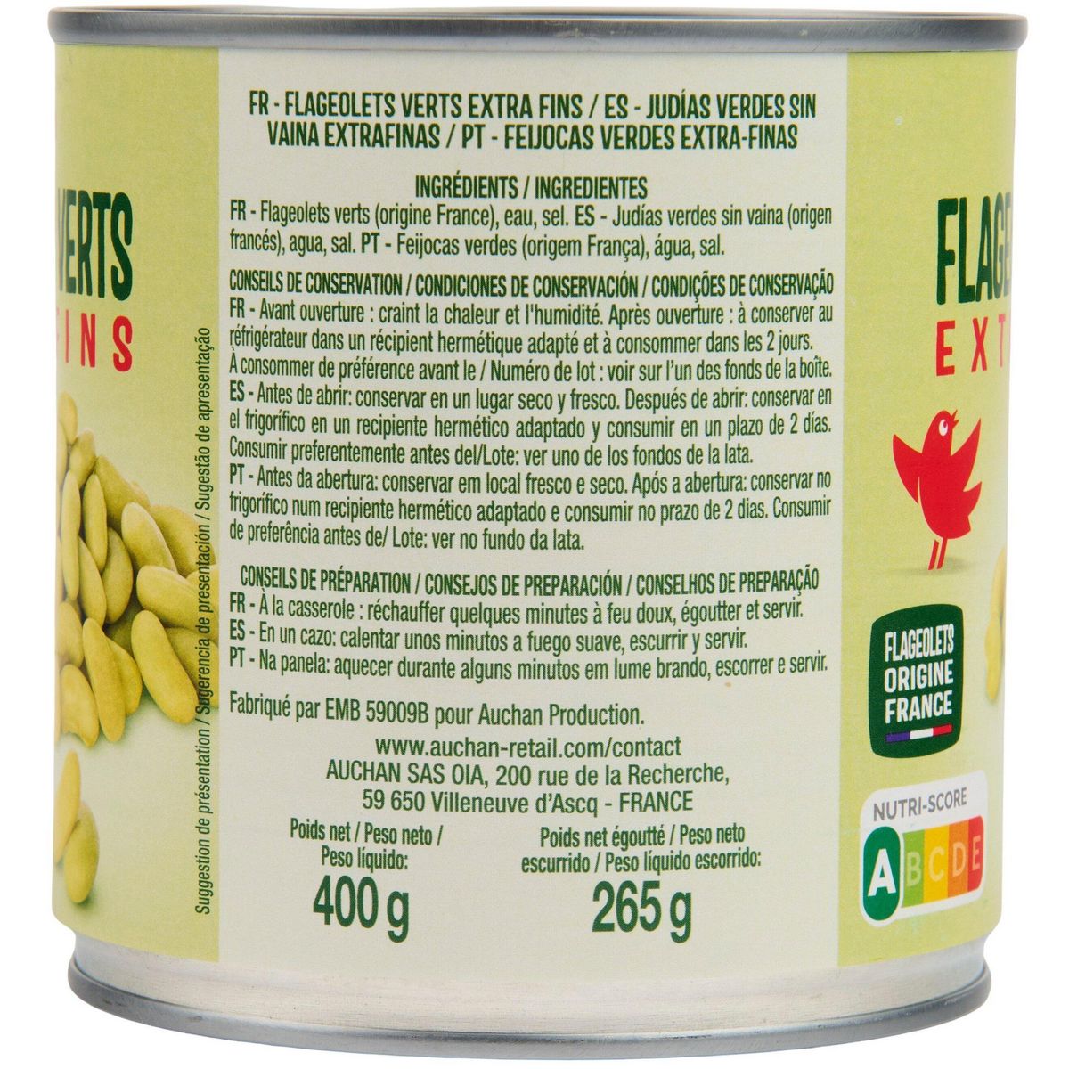 AUCHAN Flageolets verts extra fins 265g