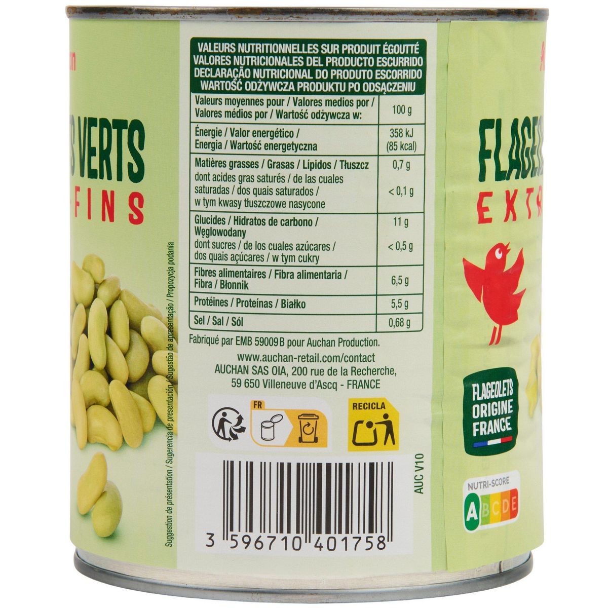 AUCHAN Flageolets verts extra-fins 530g