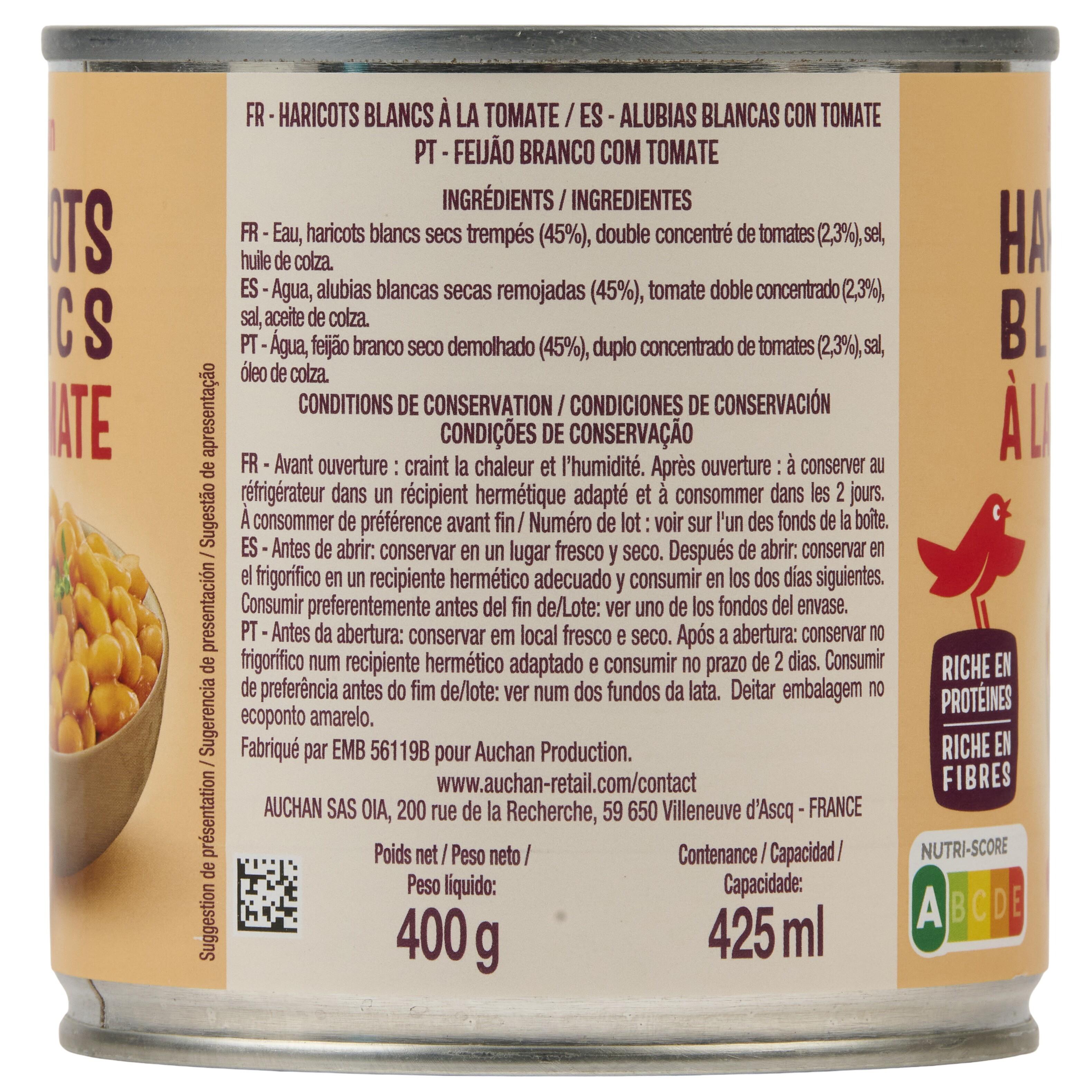 Voir la diapositive 3 : AUCHAN Haricots blancs à la tomate 400g