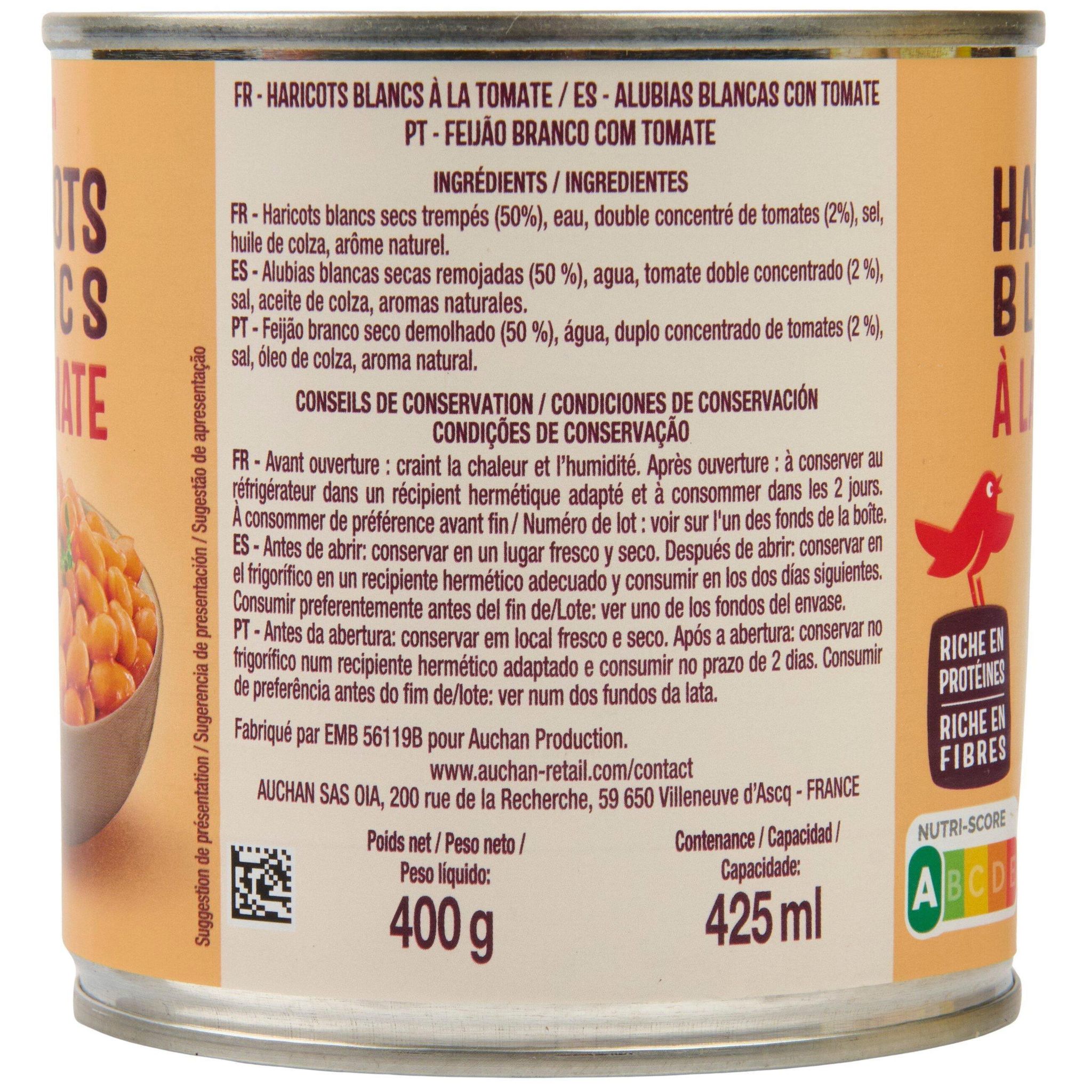 Voir la diapositive 4 : AUCHAN Haricots blancs à la tomate 400g