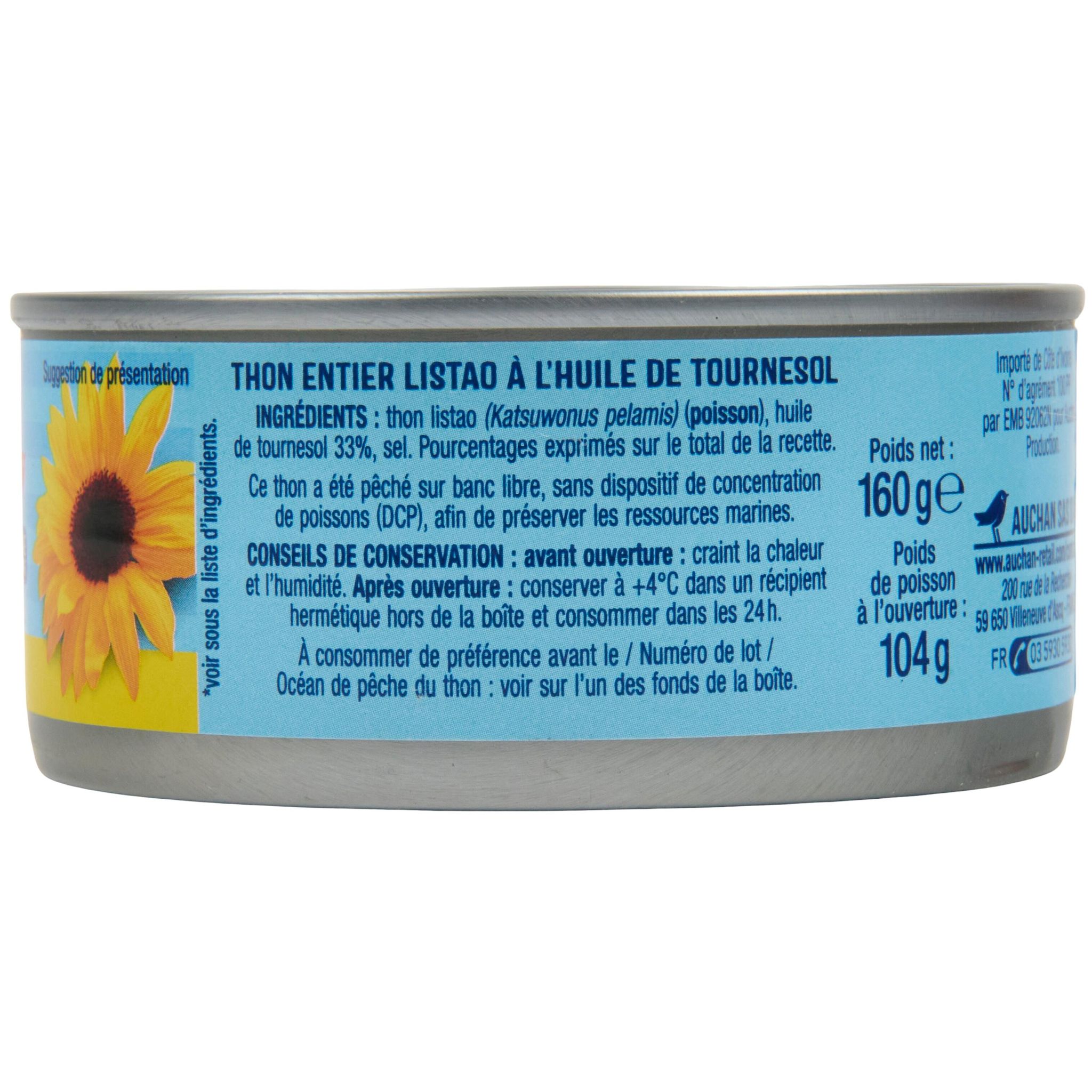 Voir la diapositive 2 : AUCHAN Thon entier à l'huile de tournesol 160g
