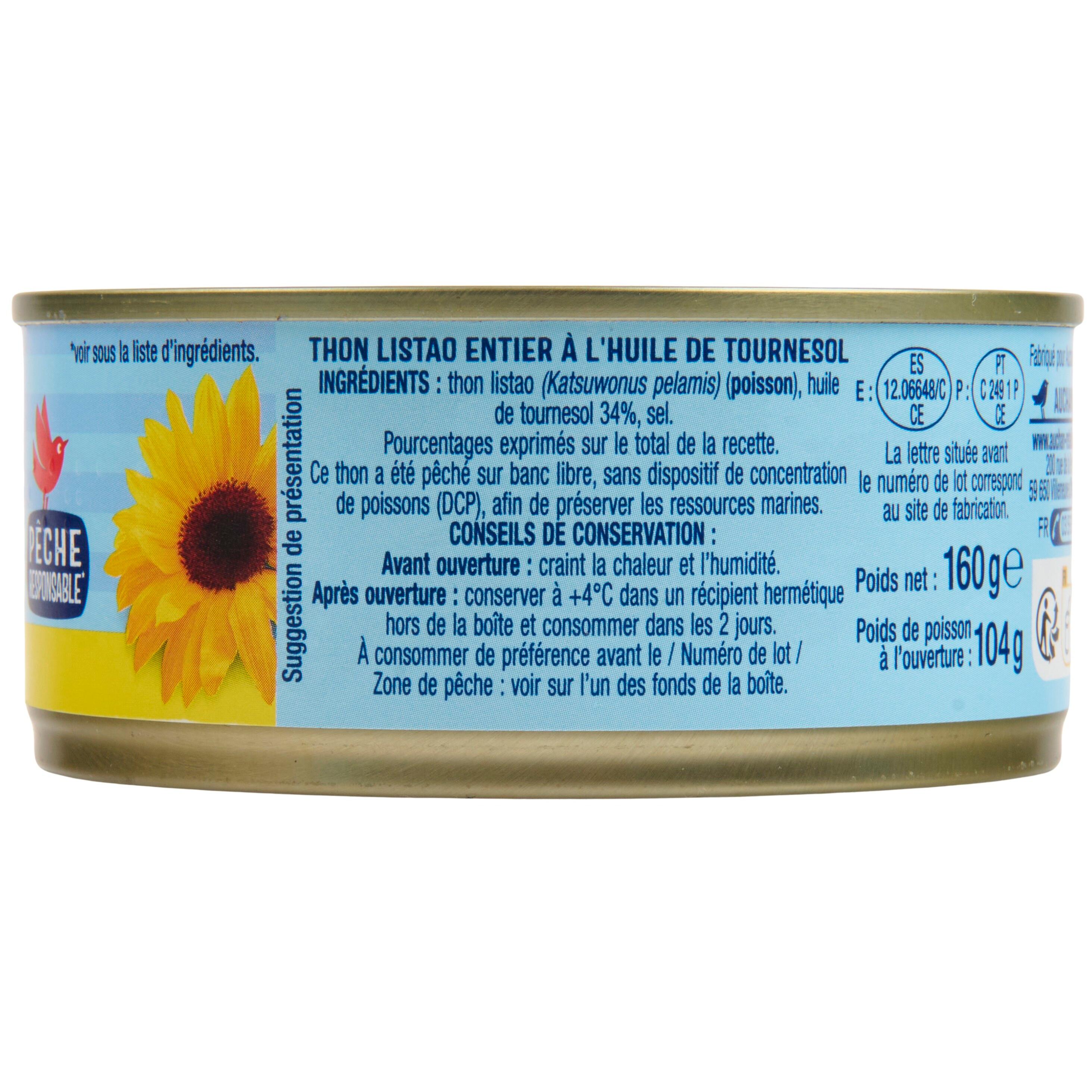 Voir la diapositive 4 : AUCHAN Thon entier à l'huile de tournesol 160g