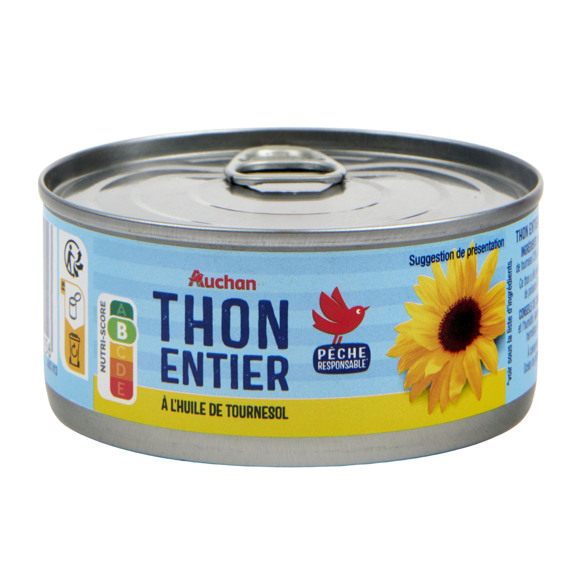 Voir la diapositive 4 : AUCHAN Thon entier à l'huile de tournesol 160g