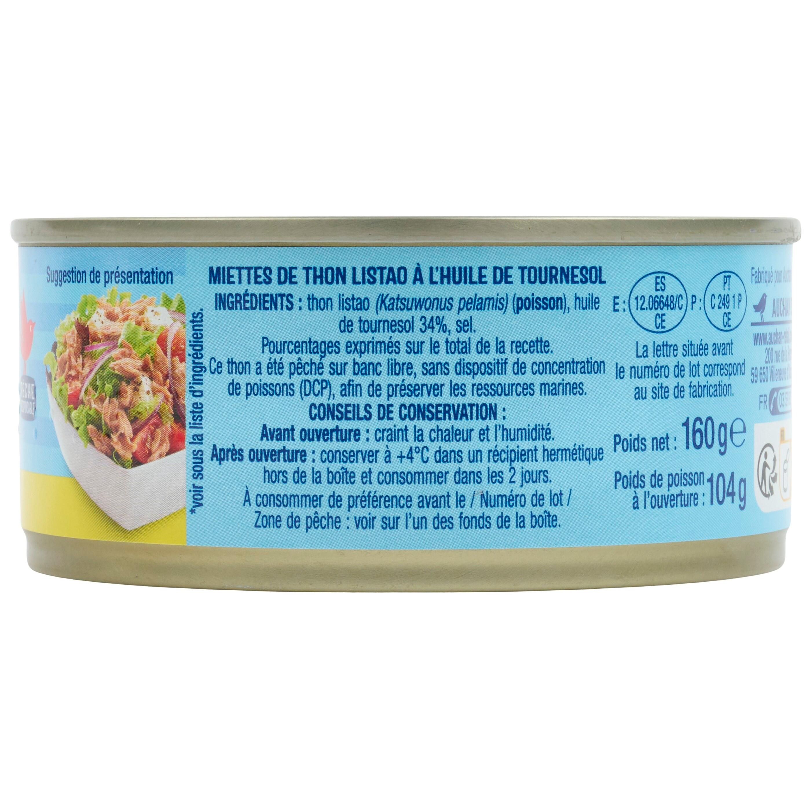 Voir la diapositive 2 : AUCHAN Miettes de thon à l'huile de tournesol 160g