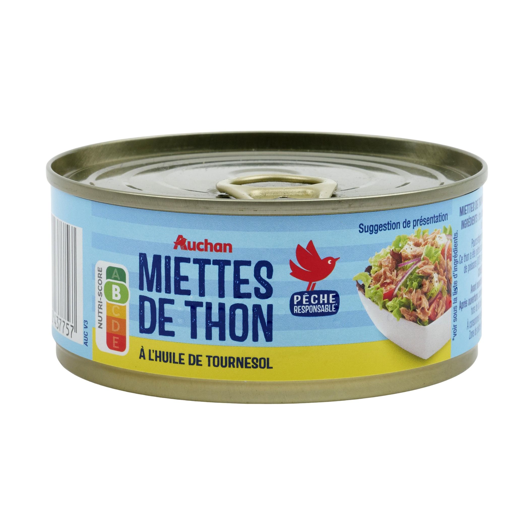 Voir la diapositive 2 : AUCHAN Miettes de thon à l'huile de tournesol 160g