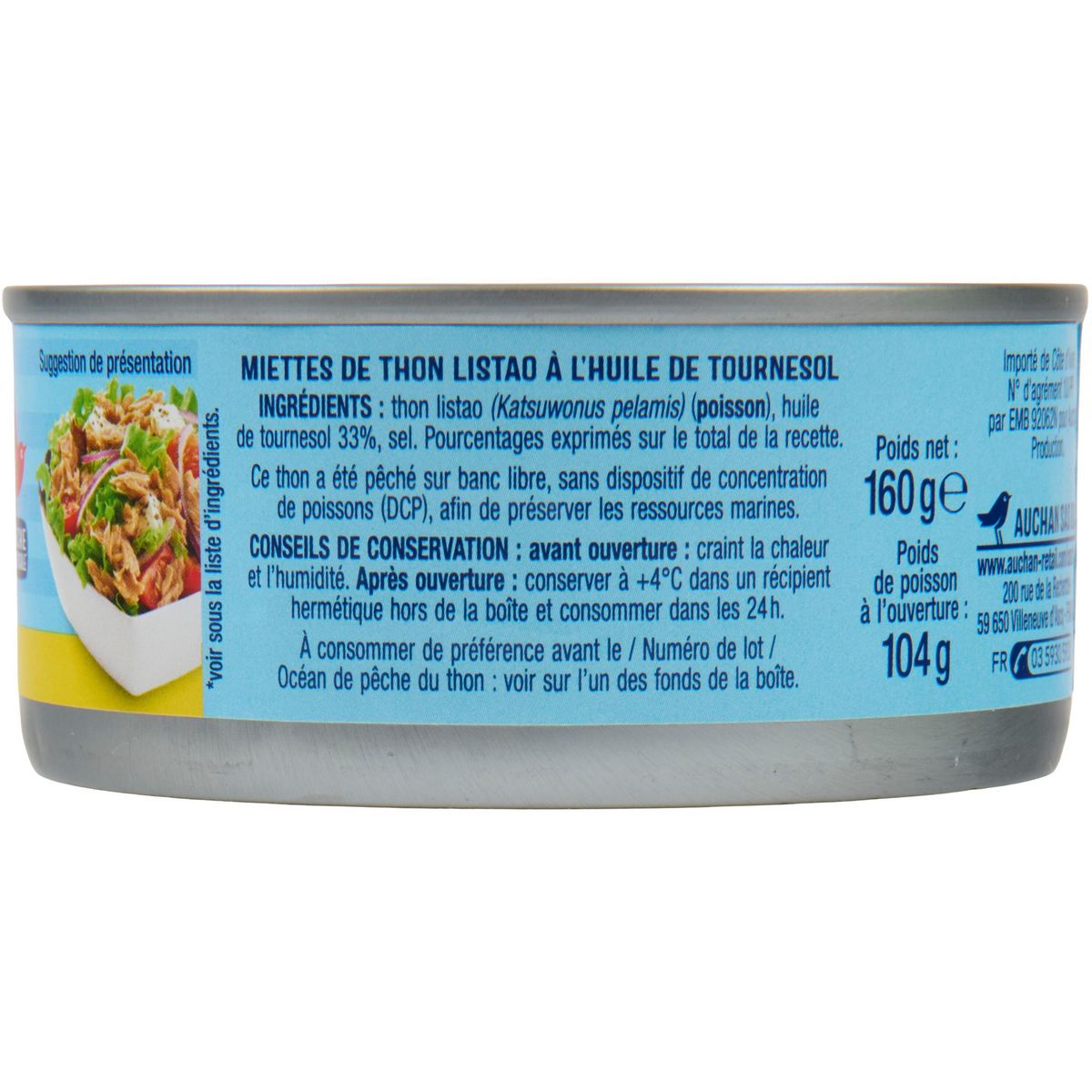 AUCHAN Miettes de thon à l'huile de tournesol 160g