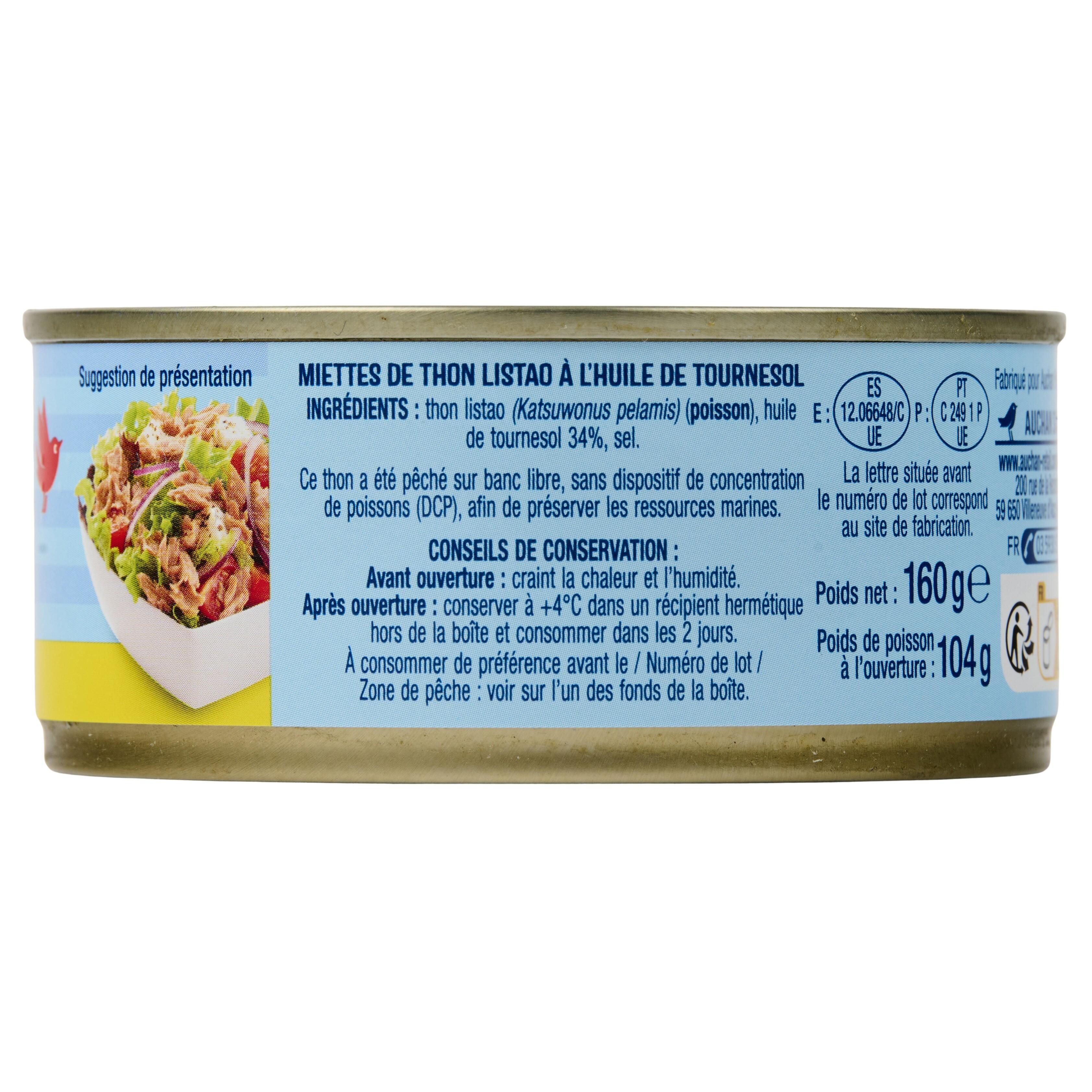 Voir la diapositive 5 : AUCHAN Miettes de thon à l'huile de tournesol 160g