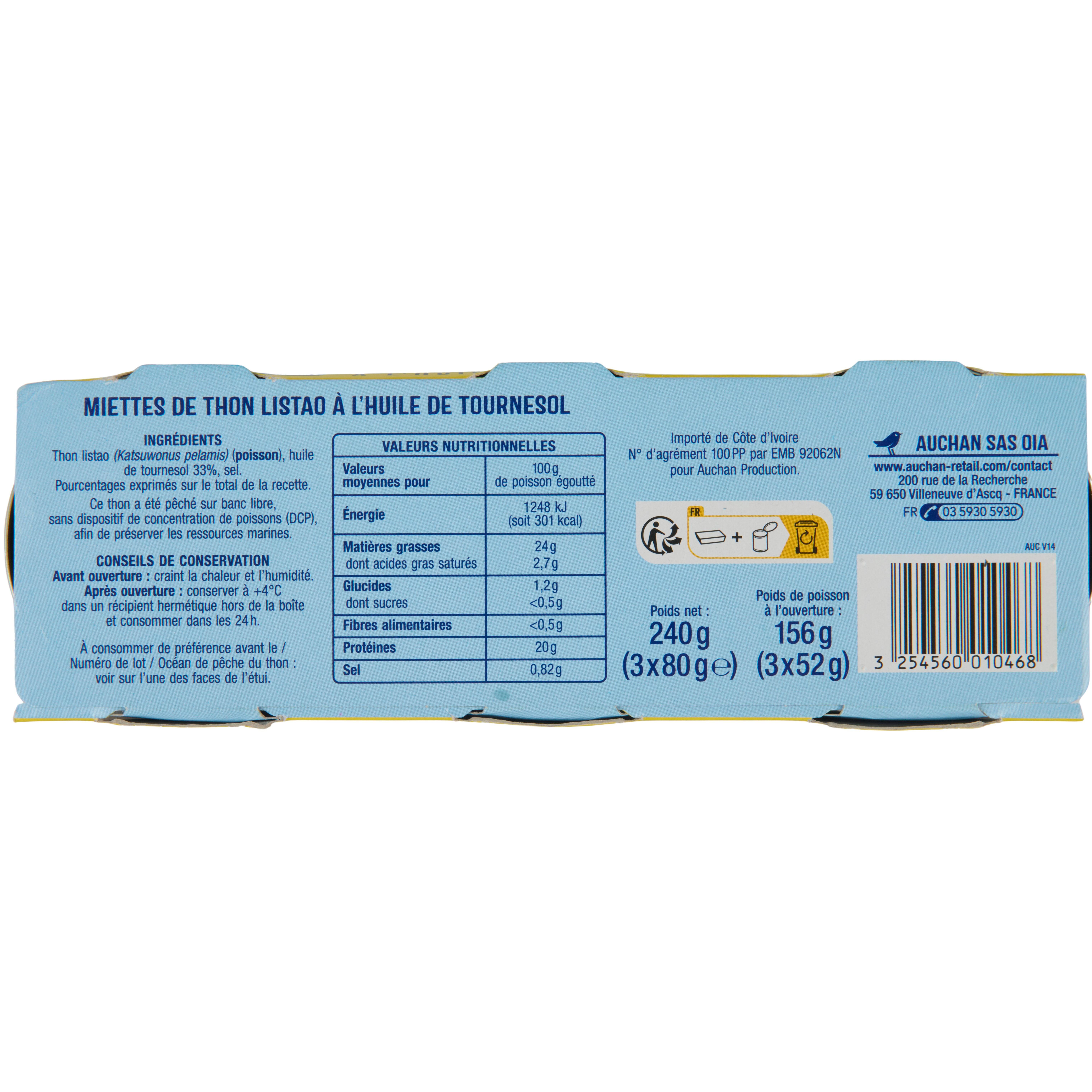 Voir la diapositive 2 : AUCHAN Miettes de thon à l'huile de tournesol 3x80g
