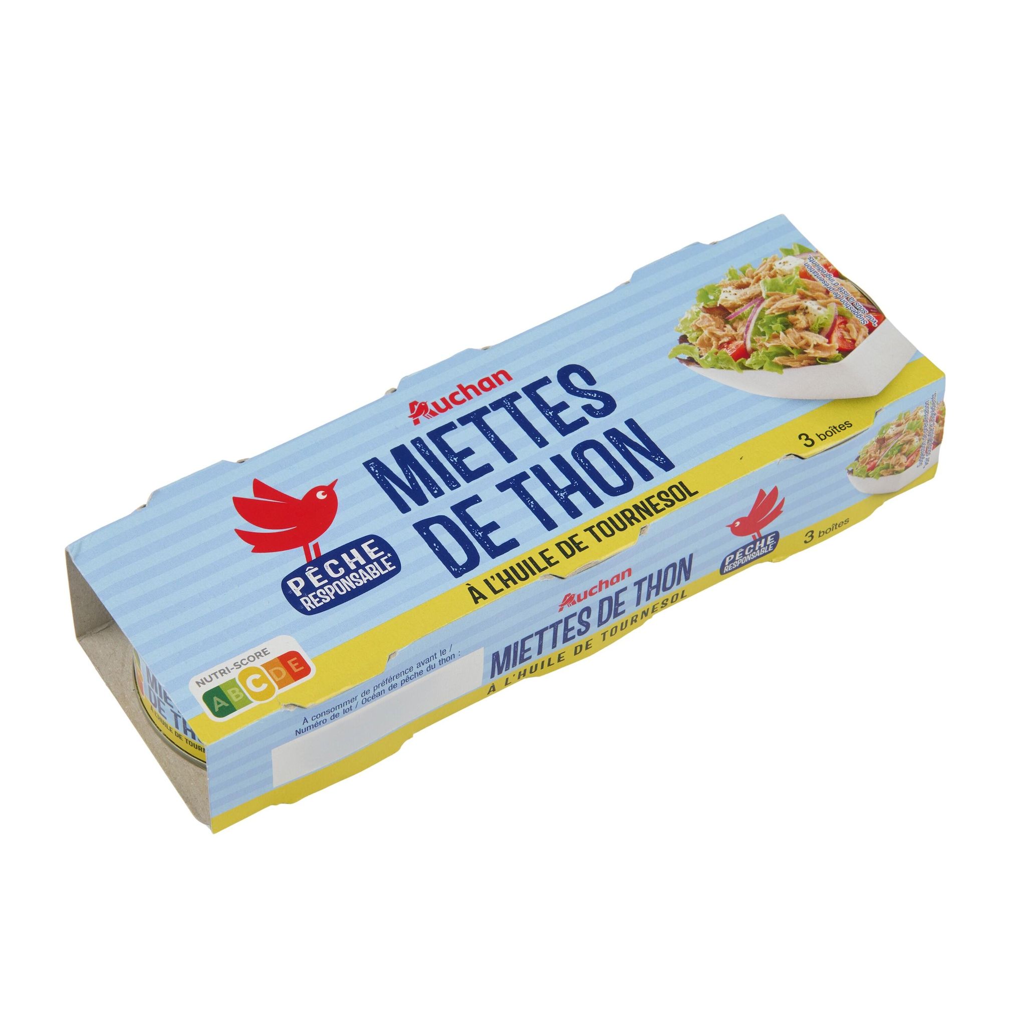 Voir la diapositive 2 : AUCHAN Miettes de thon à l'huile de tournesol 3x80g