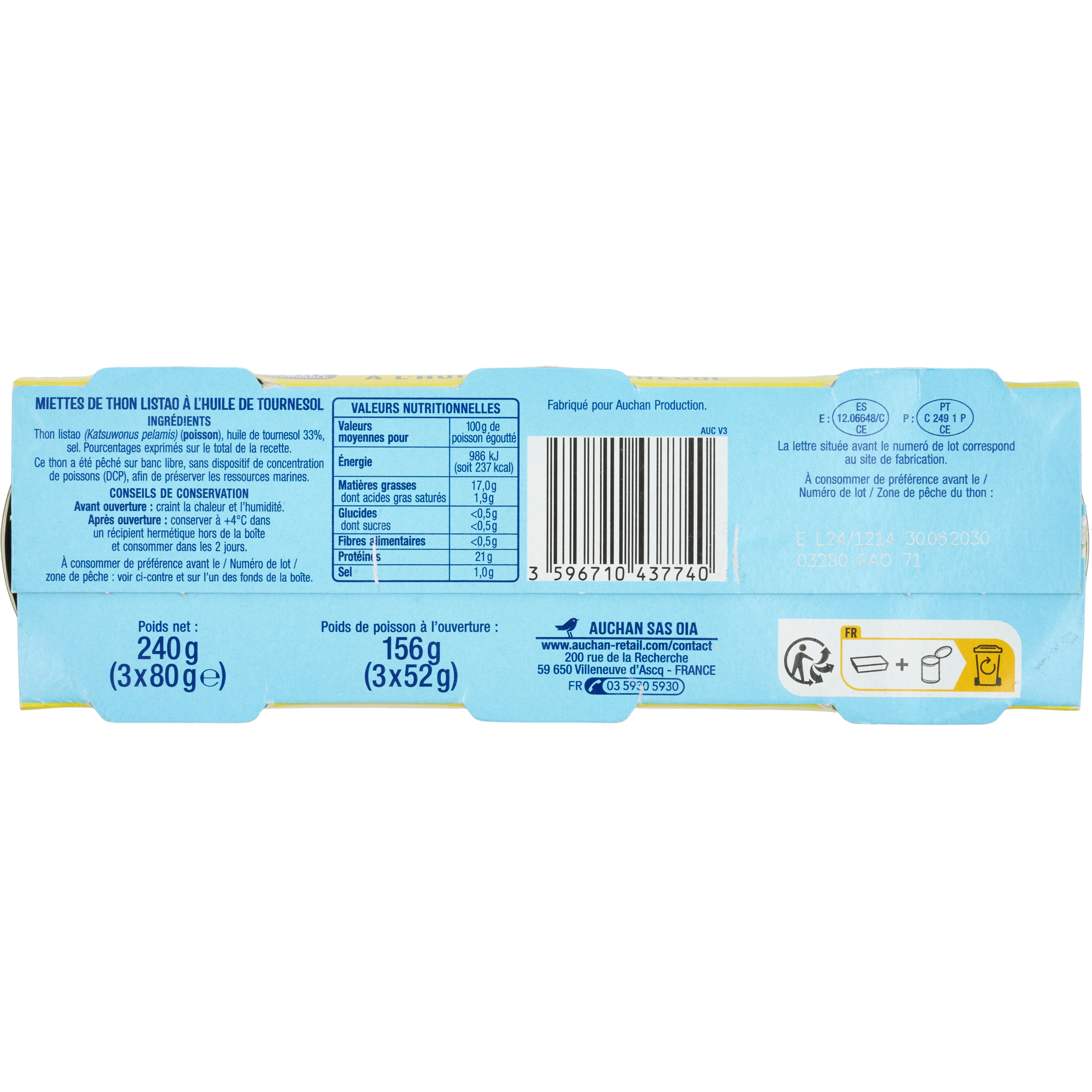 Voir la diapositive 3 : AUCHAN Miettes de thon à l'huile de tournesol 3x80g