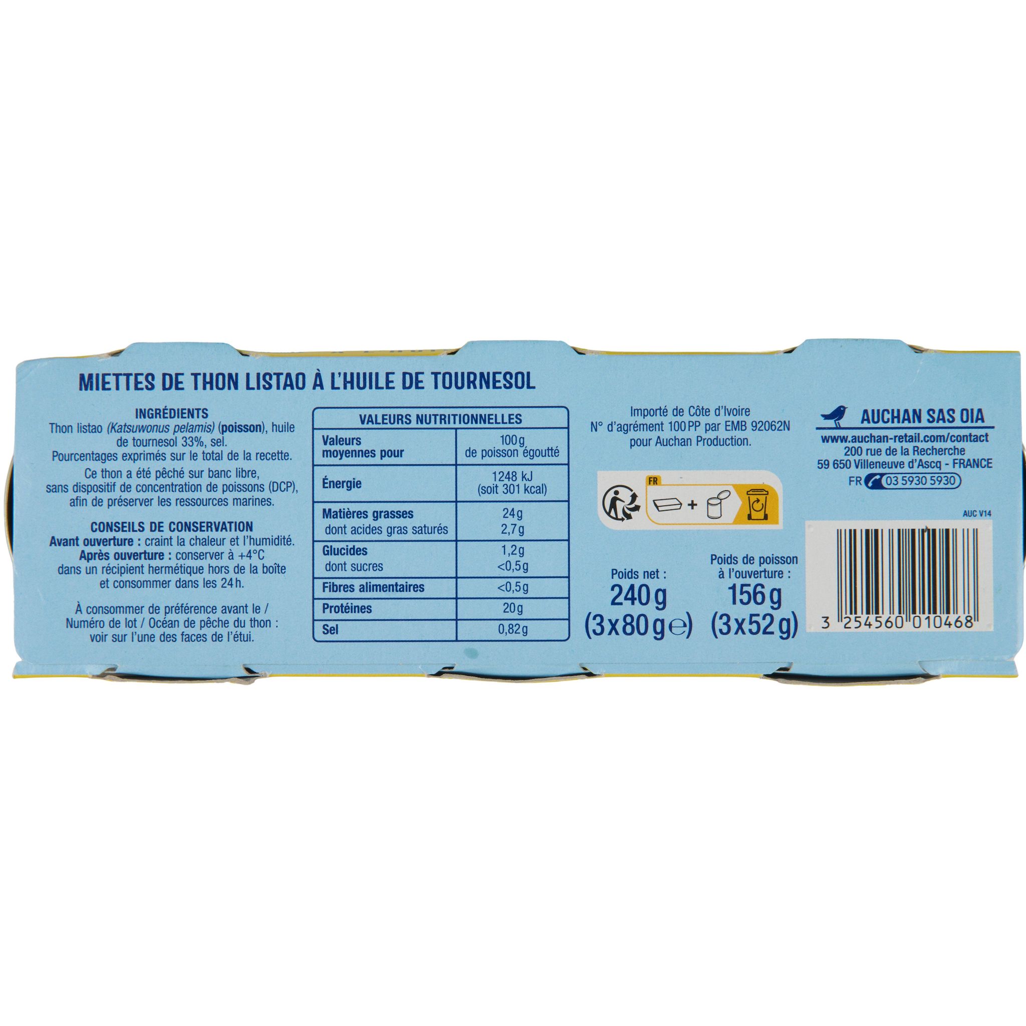 Voir la diapositive 4 : AUCHAN Miettes de thon à l'huile de tournesol 3x80g