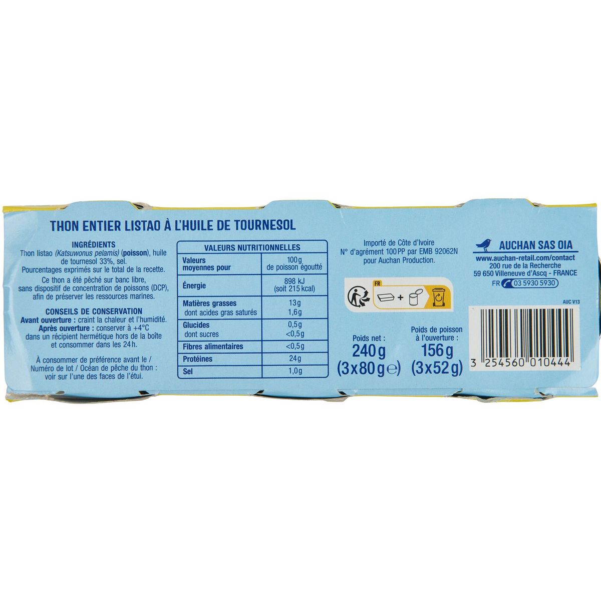 AUCHAN Thon entier à l'huile de tournesol 3x80g