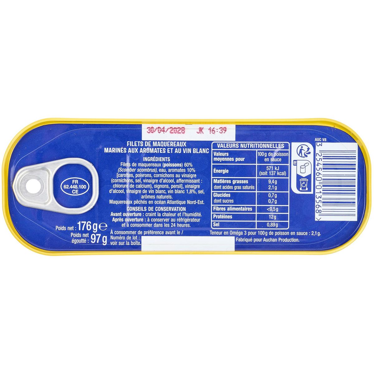 AUCHAN Filets de maquereaux au vin blanc et aromates 176g