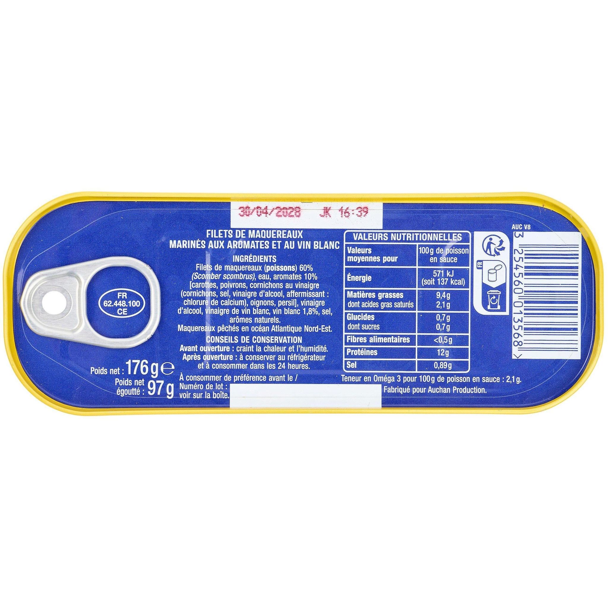 Voir la diapositive 4 : AUCHAN Filets de maquereaux au vin blanc et aromates 176g