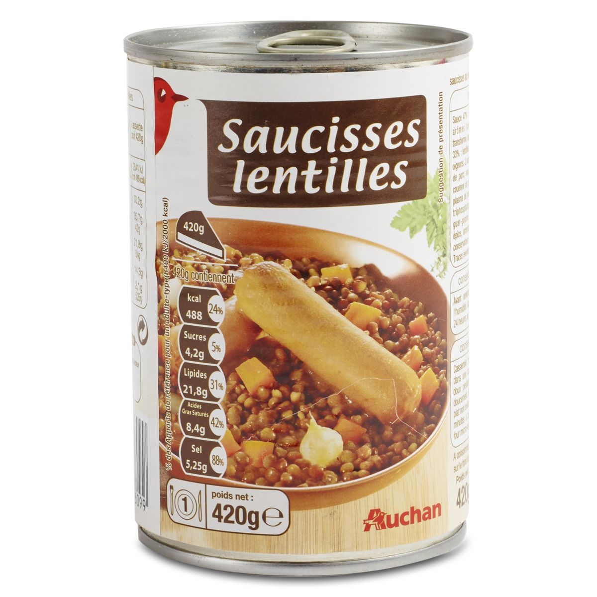 AUCHAN Saucisses lentilles 1 personne 420g