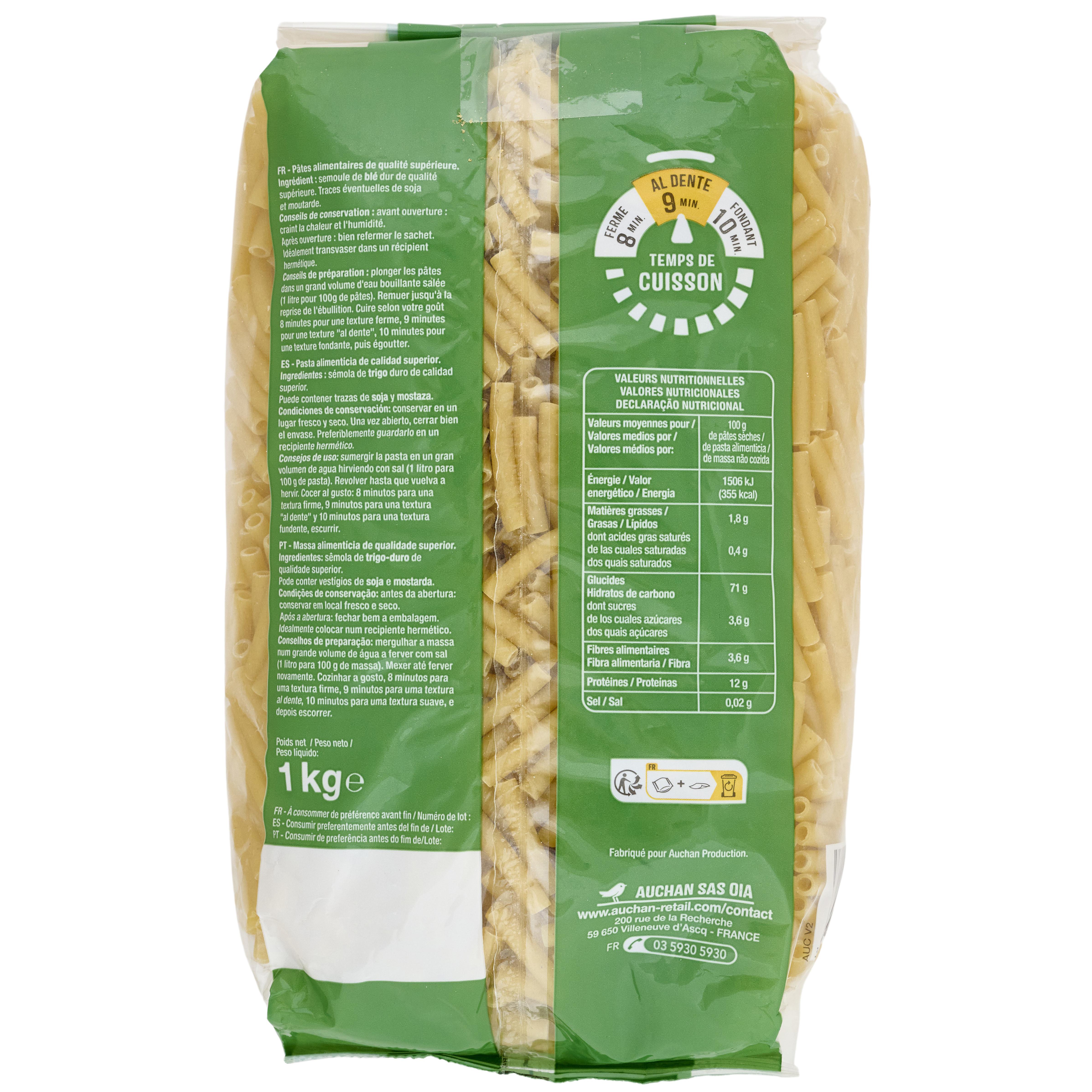 Voir la diapositive 2 : AUCHAN Macaroni 1kg