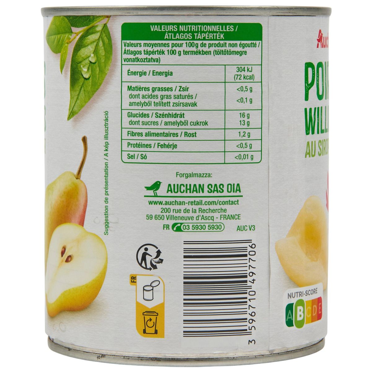 AUCHAN Poires williams au sirop léger 820g