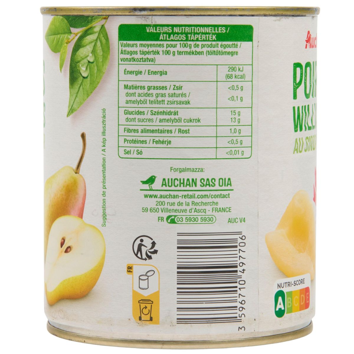 AUCHAN Poires williams au sirop léger 820g