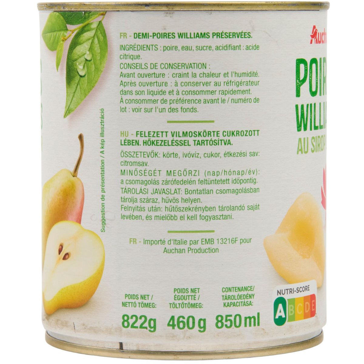 AUCHAN Poires williams au sirop léger 820g