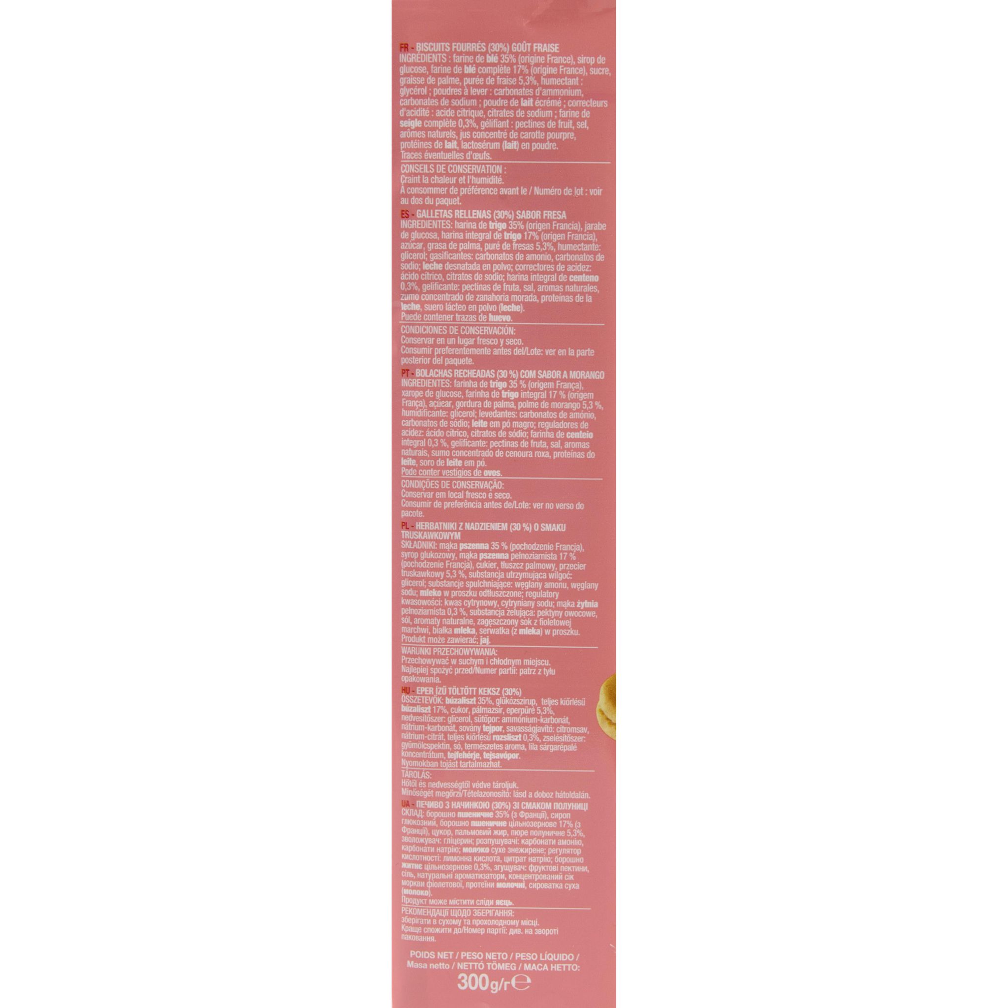 Voir la diapositive 2 : AUCHAN Mon goûter biscuits fourrés saveur fraise 16 biscuits 300g