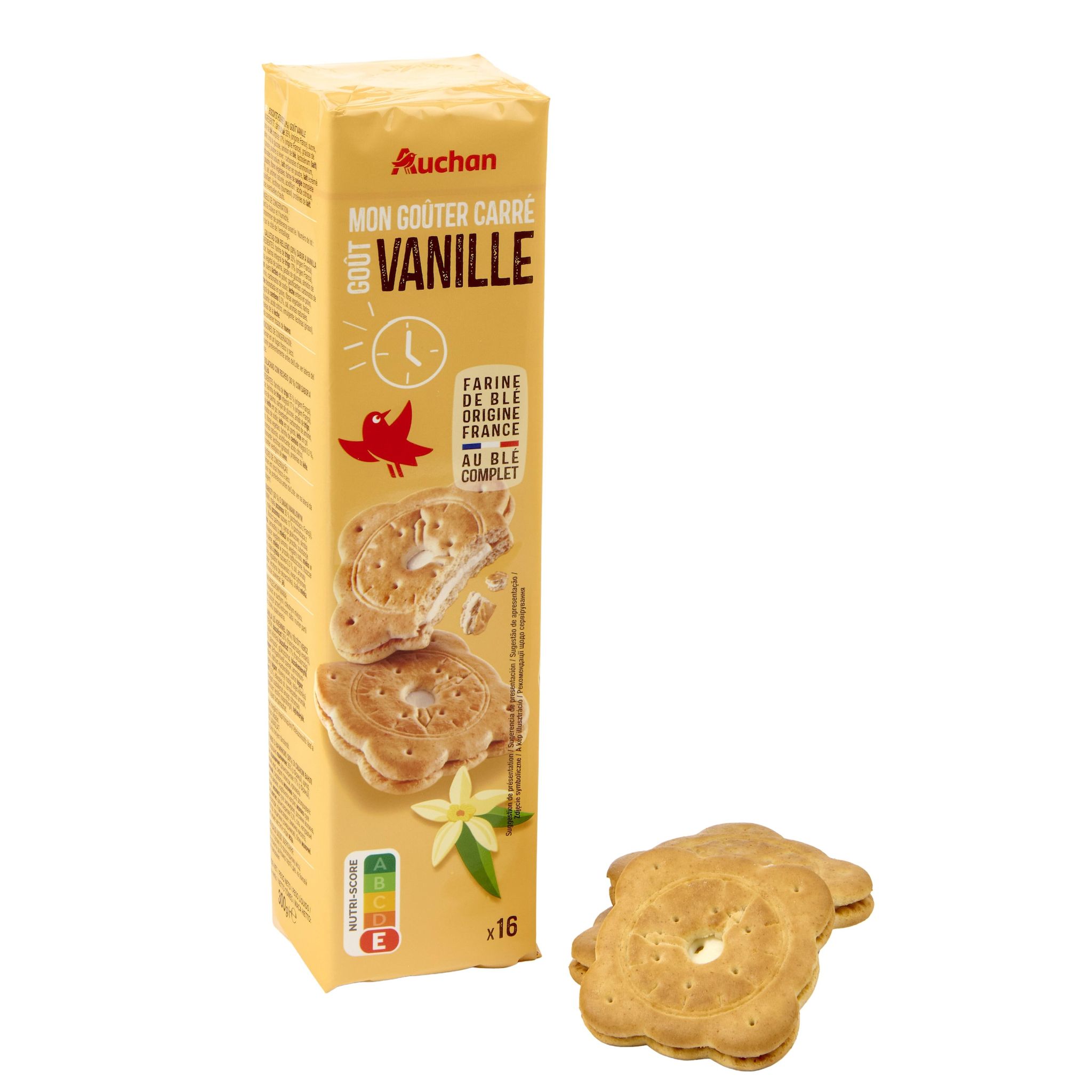 Voir la diapositive 4 : AUCHAN Mon Goûter carré Biscuits goût vanille 16 biscuits 300g