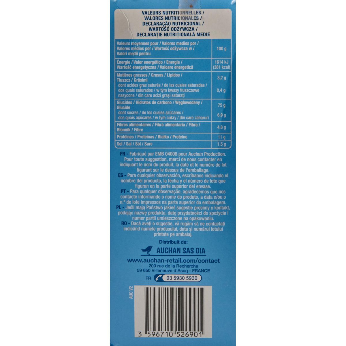 AUCHAN Biscottes au froment sans huile de palme 2x18 biscottes 300g