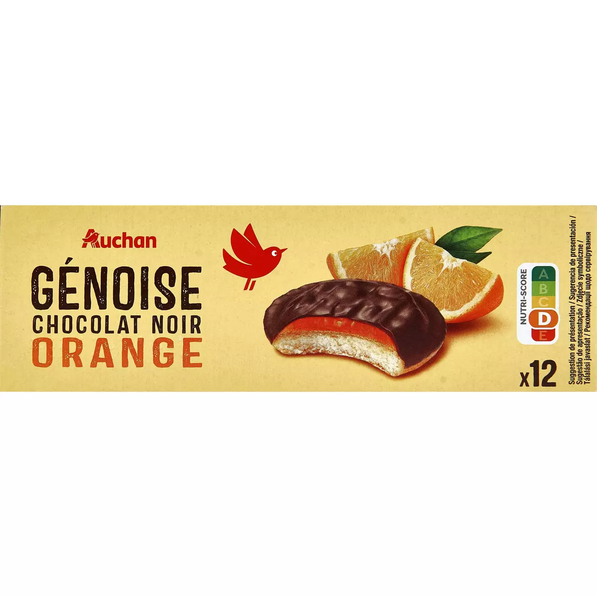 AUCHAN Génoises nappées de chocolat noir saveur orange 12 biscuits 150g