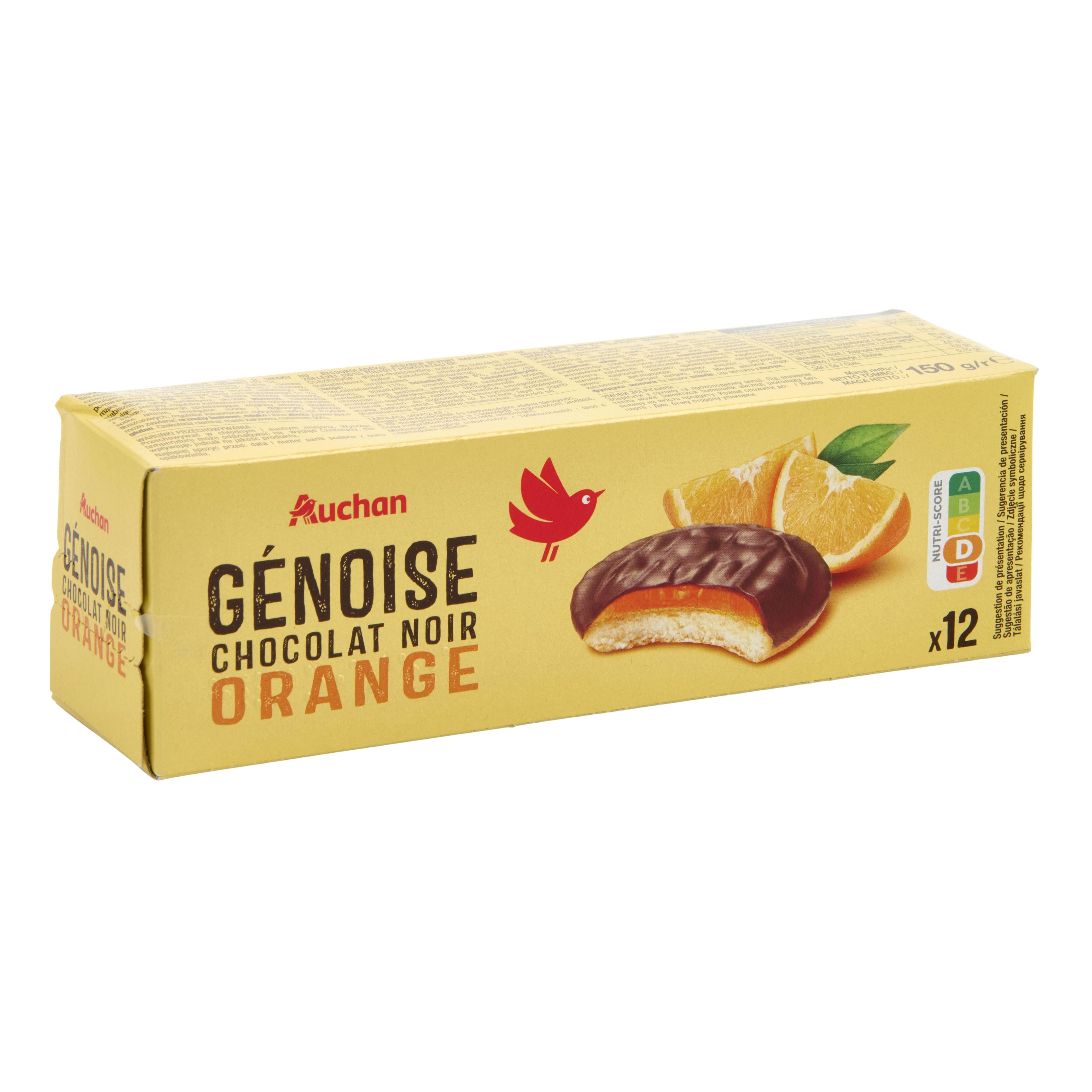 Voir la diapositive 2 : AUCHAN Génoises nappées de chocolat noir saveur orange 12 biscuits 150g