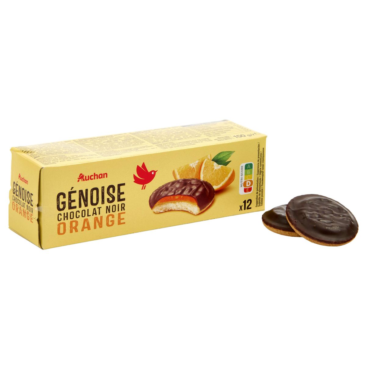 AUCHAN Génoises nappées de chocolat noir saveur orange 12 biscuits 150g