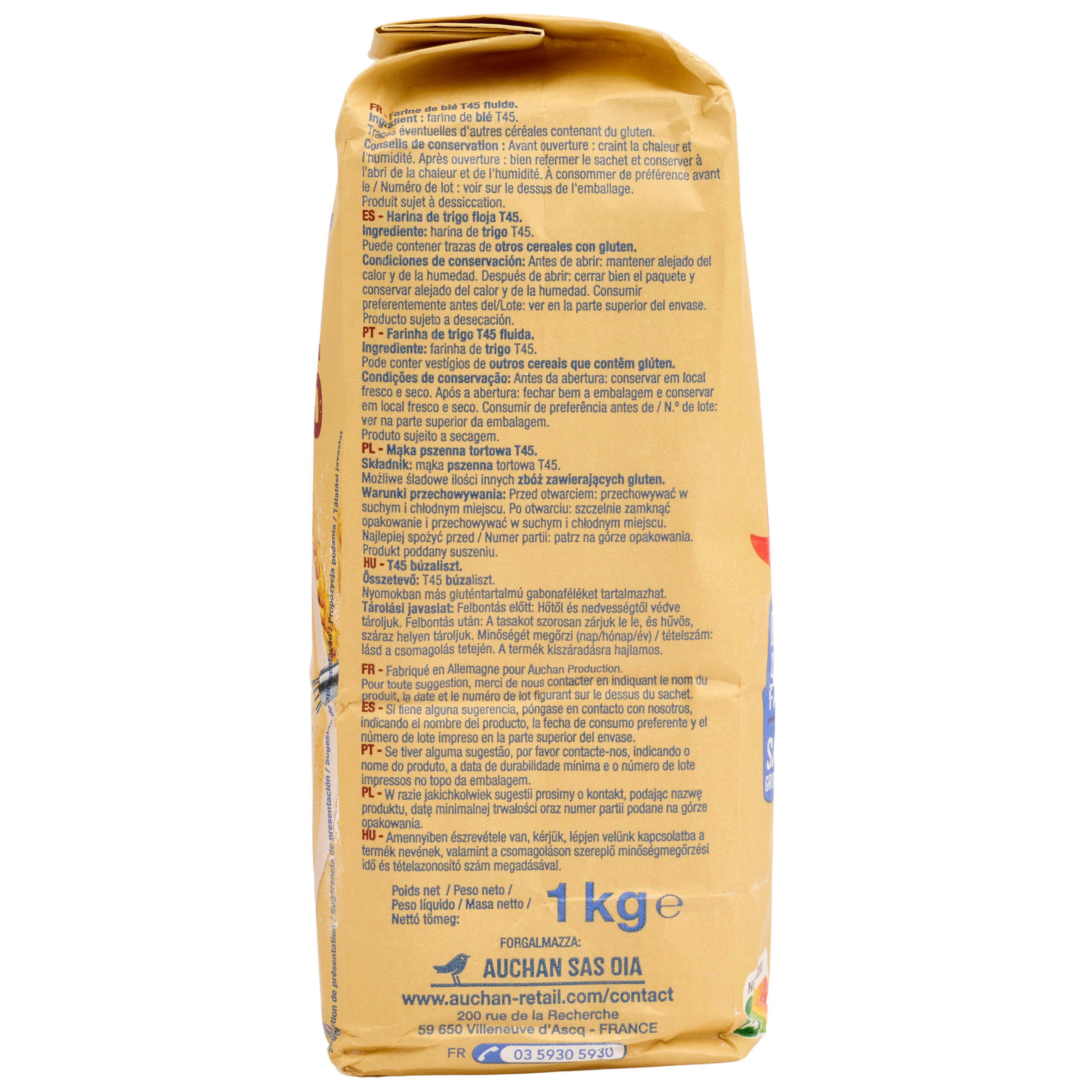 Voir la diapositive 2 : AUCHAN Farine de blé fluide T45 sans grumeaux 1kg