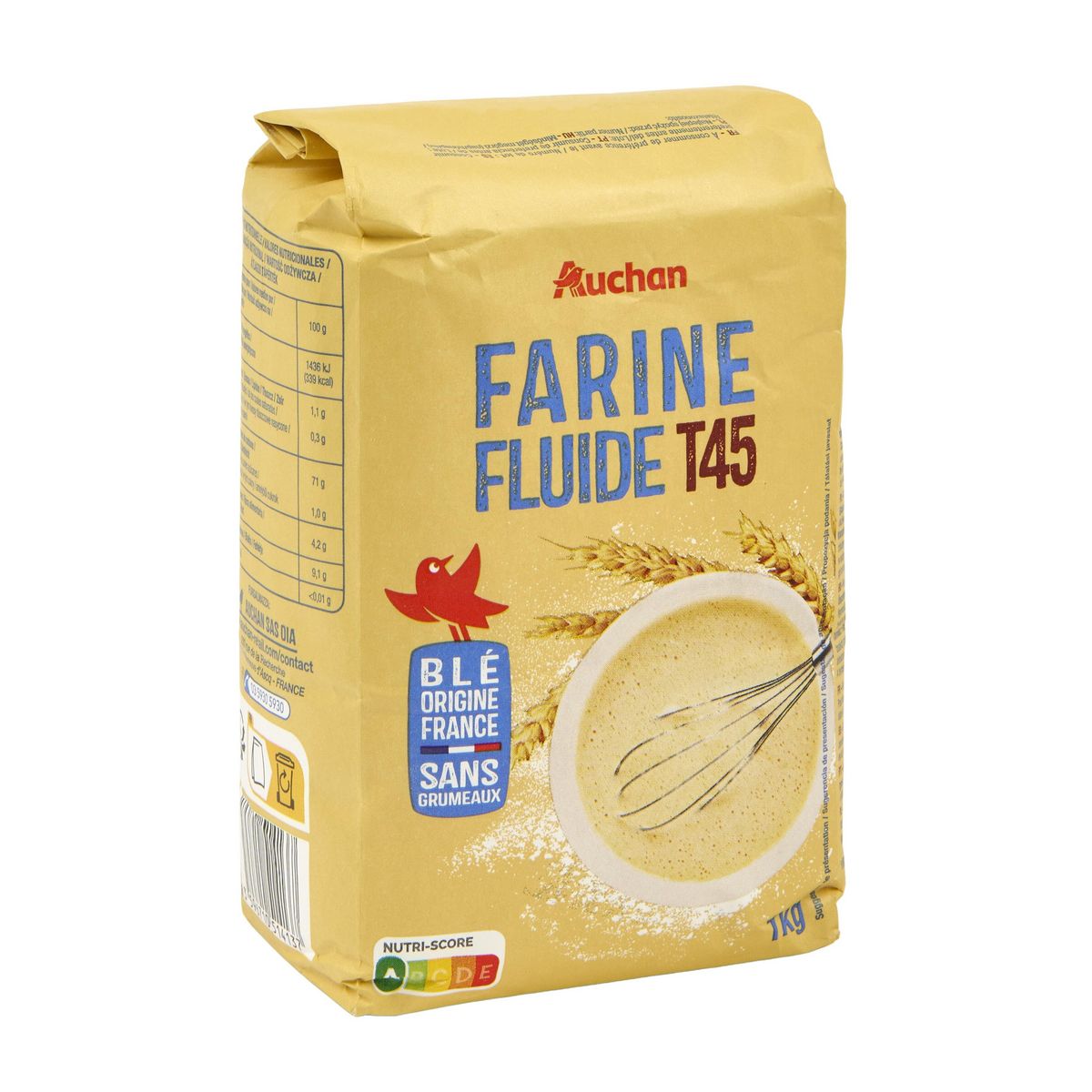 AUCHAN Farine de blé fluide T45 sans grumeaux 1kg