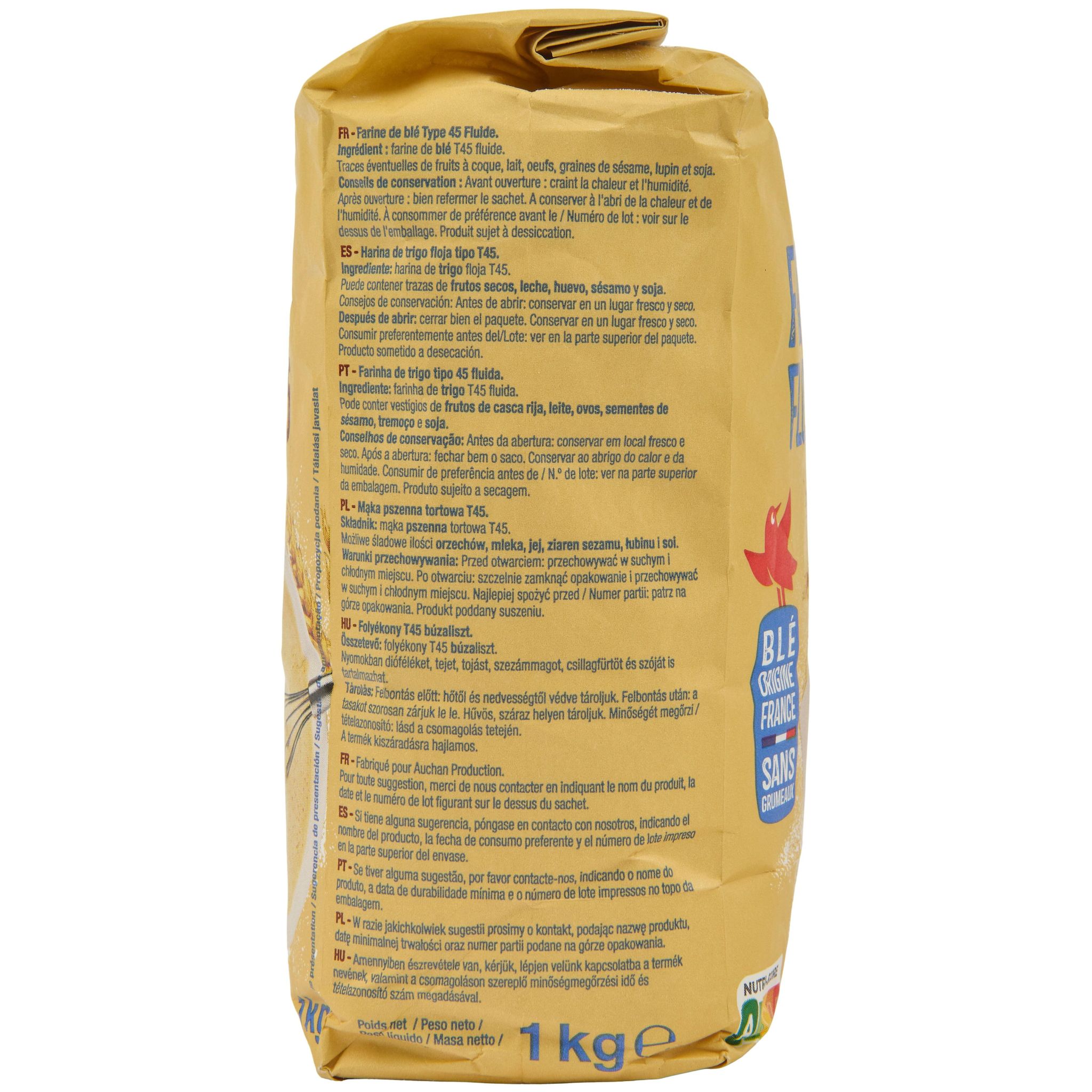 Voir la diapositive 3 : AUCHAN Farine de blé fluide T45 sans grumeaux 1kg