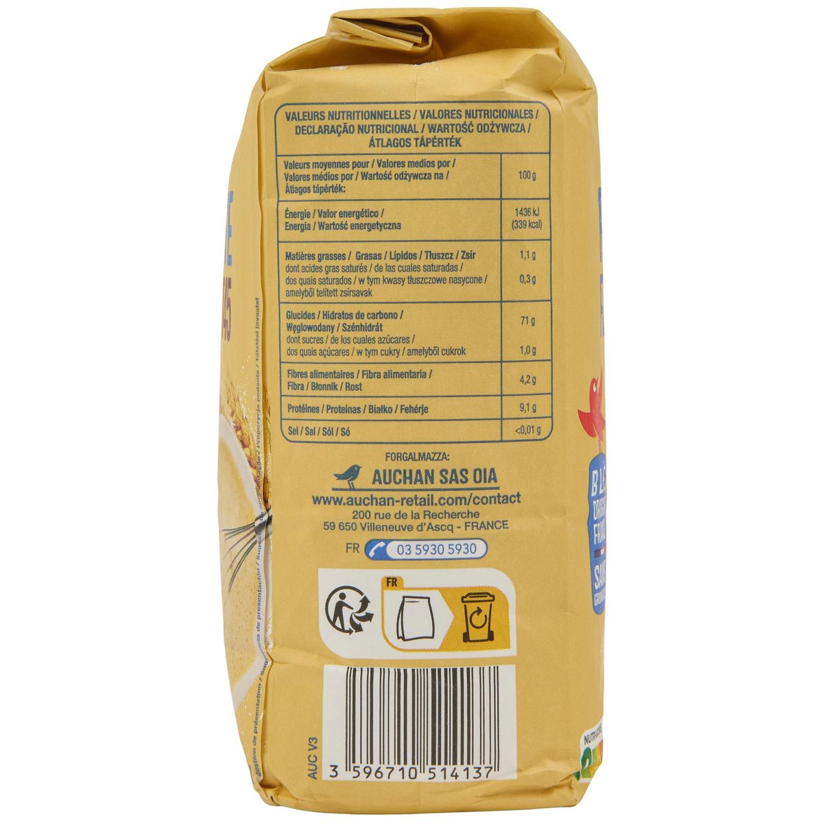 AUCHAN Farine de blé fluide T45 sans grumeaux 1kg