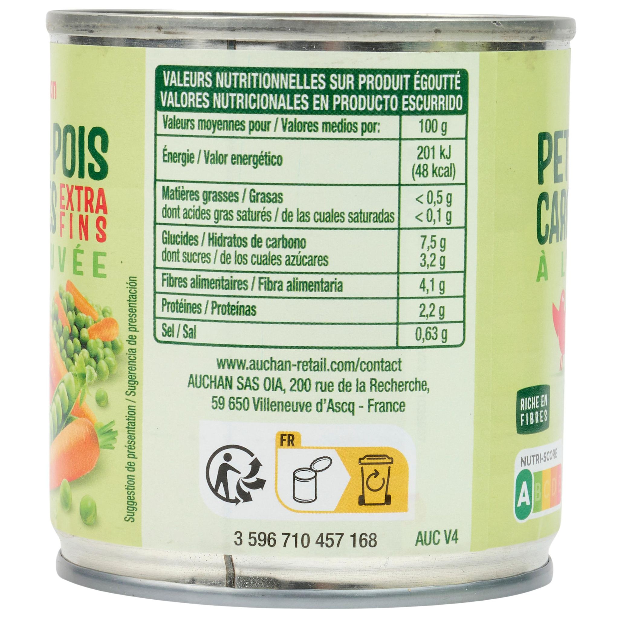 Voir la diapositive 4 : AUCHAN Petits pois carottes extra-fins 3x130g