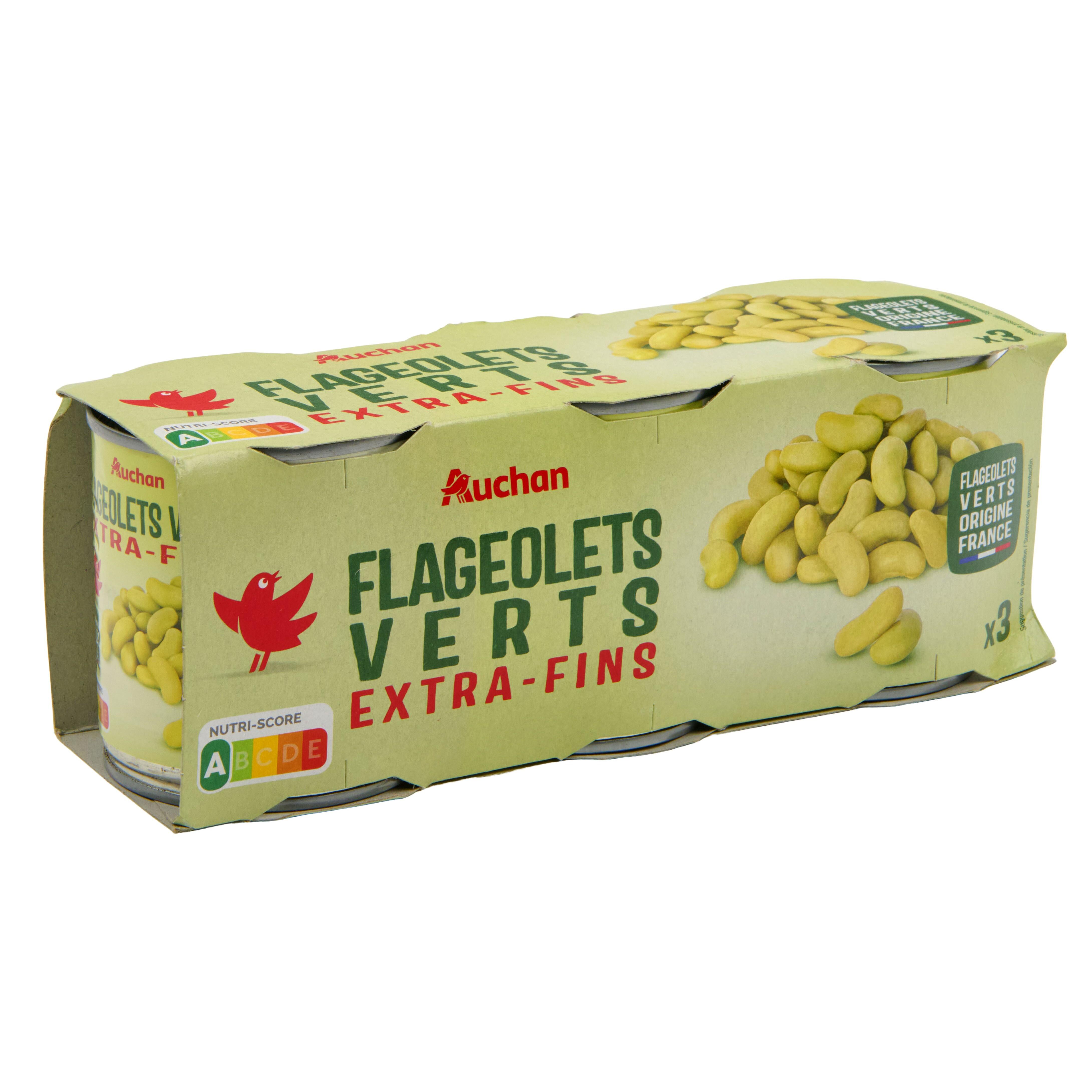 Voir la diapositive 2 : AUCHAN Flageolets verts extra fins 3x130g