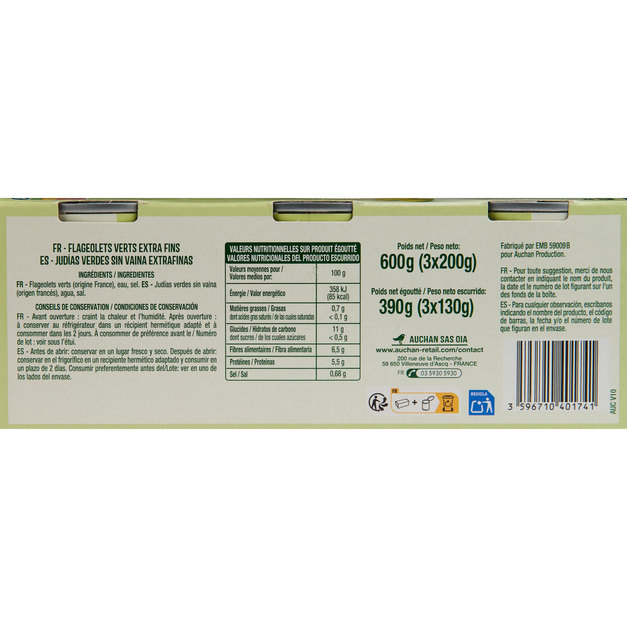 Voir la diapositive 4 : AUCHAN Flageolets verts extra fins 3x130g