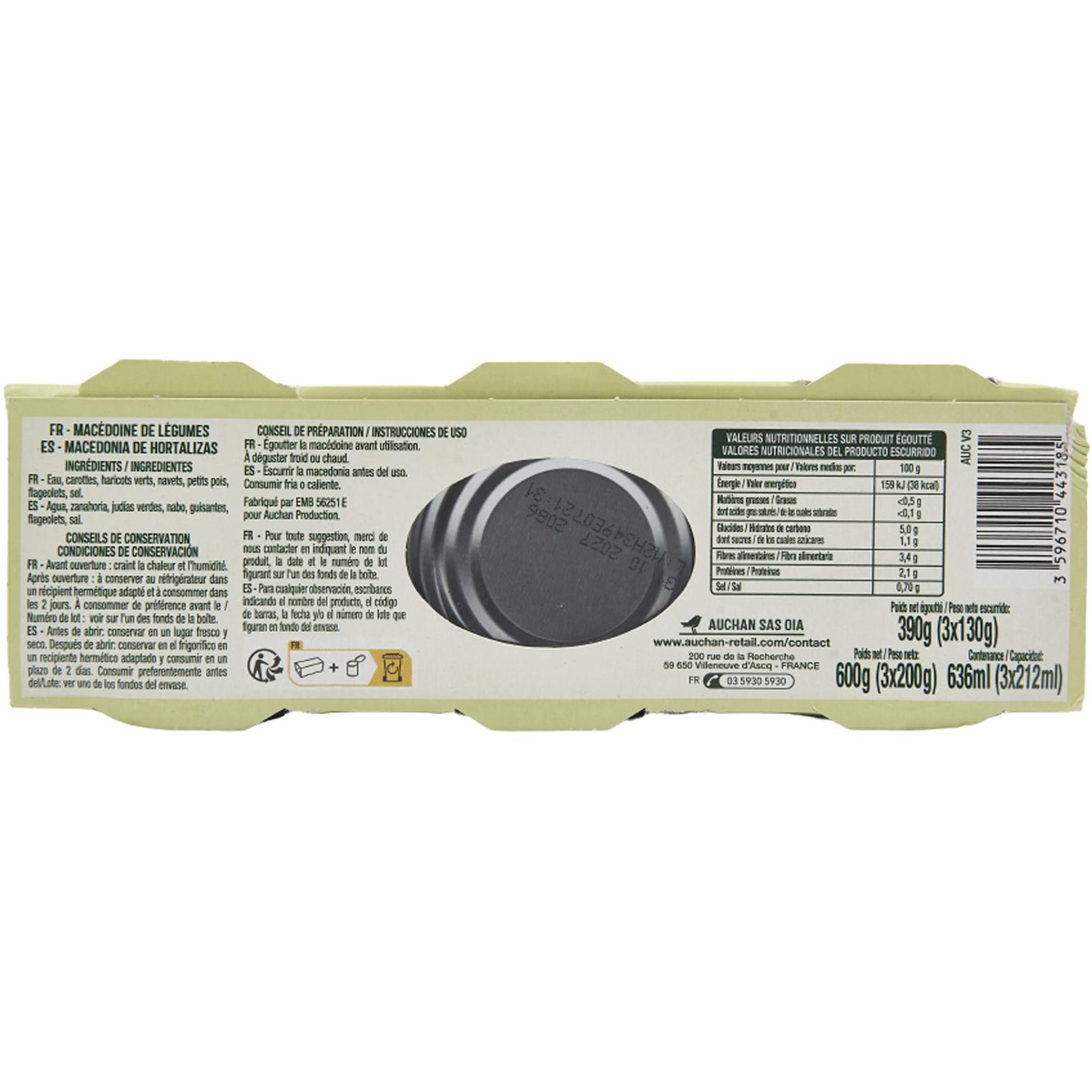 Voir la diapositive 3 : AUCHAN Macédoine de légumes 3x130g