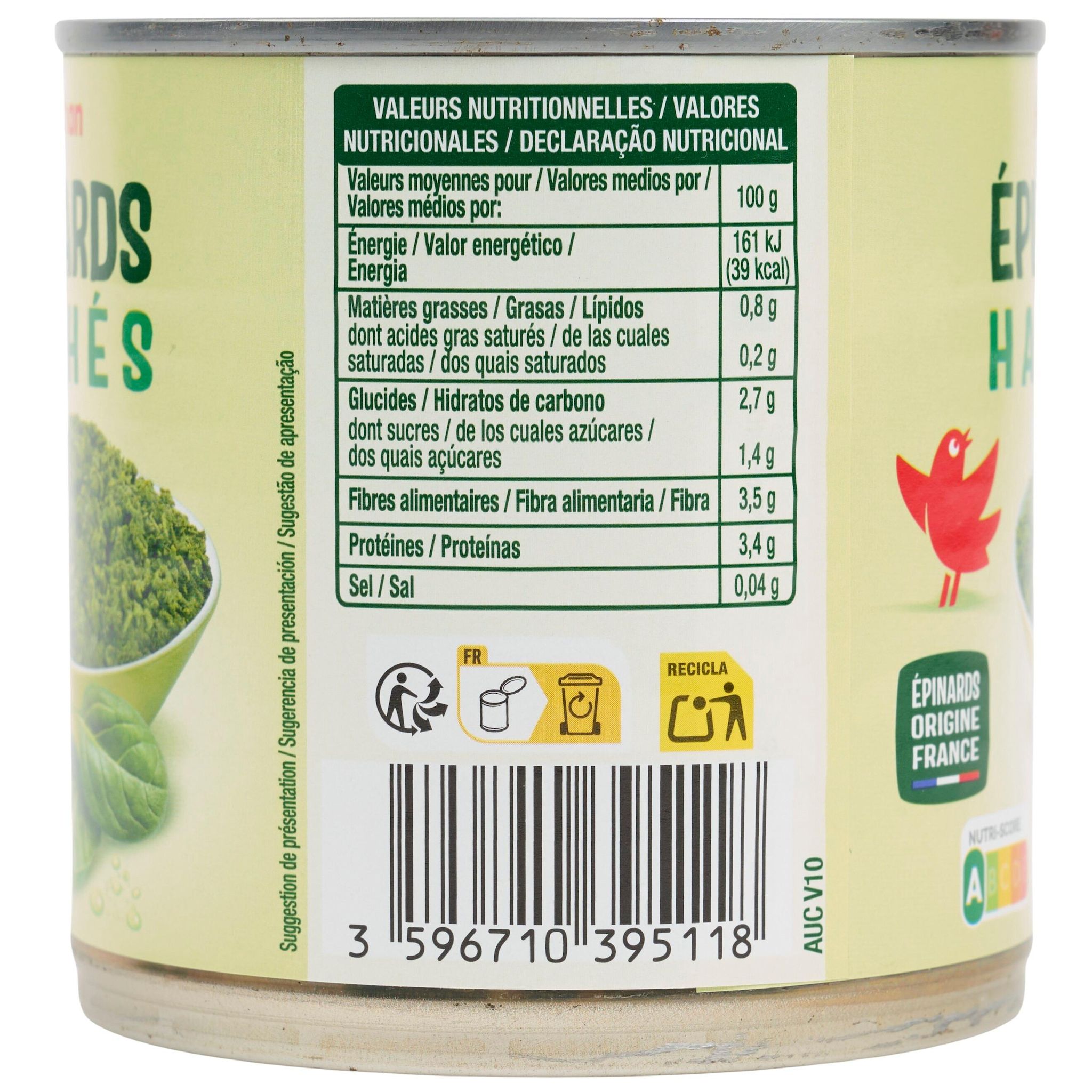 Voir la diapositive 2 : AUCHAN Epinards hachés 395g