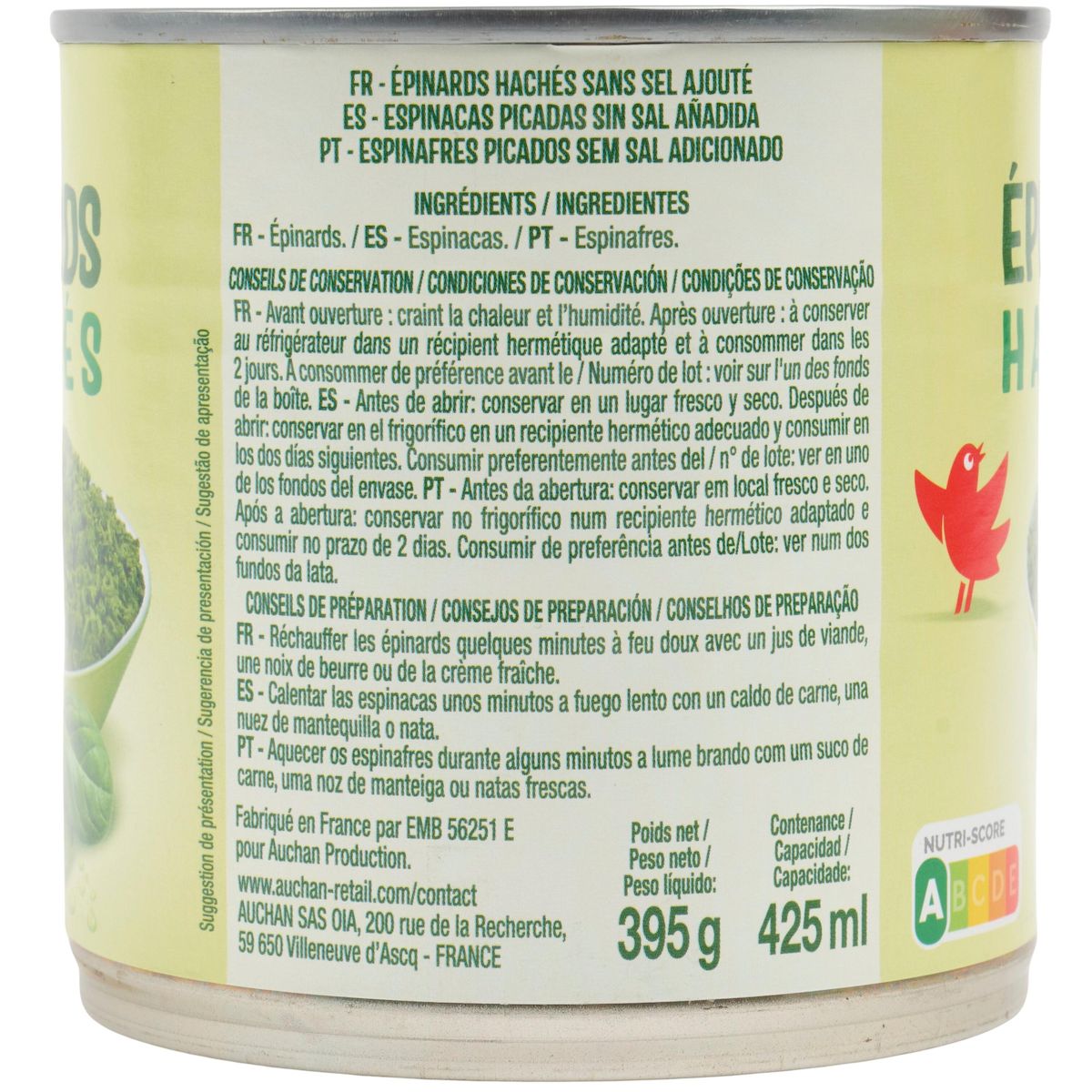 AUCHAN Epinards hachés 395g