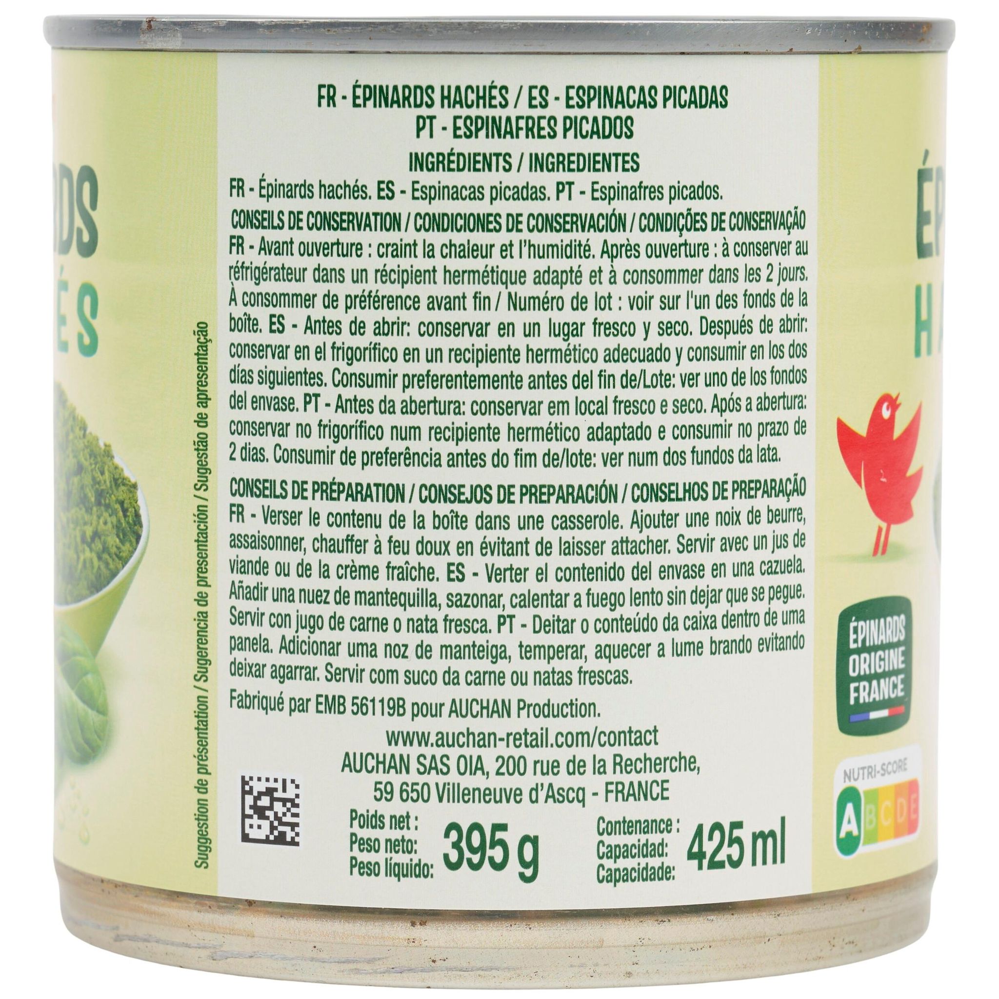Voir la diapositive 4 : AUCHAN Epinards hachés 395g