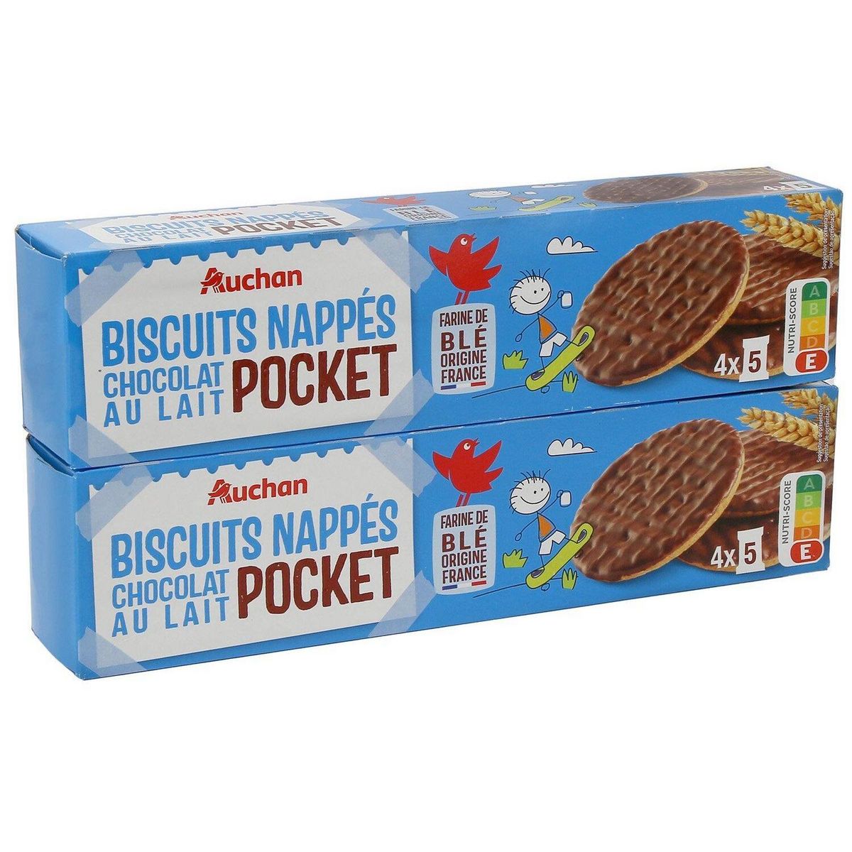 AUCHAN Biscuits sablés nappés de chocolat au lait sachets fraîcheur 4x5 biscuits 2X200g