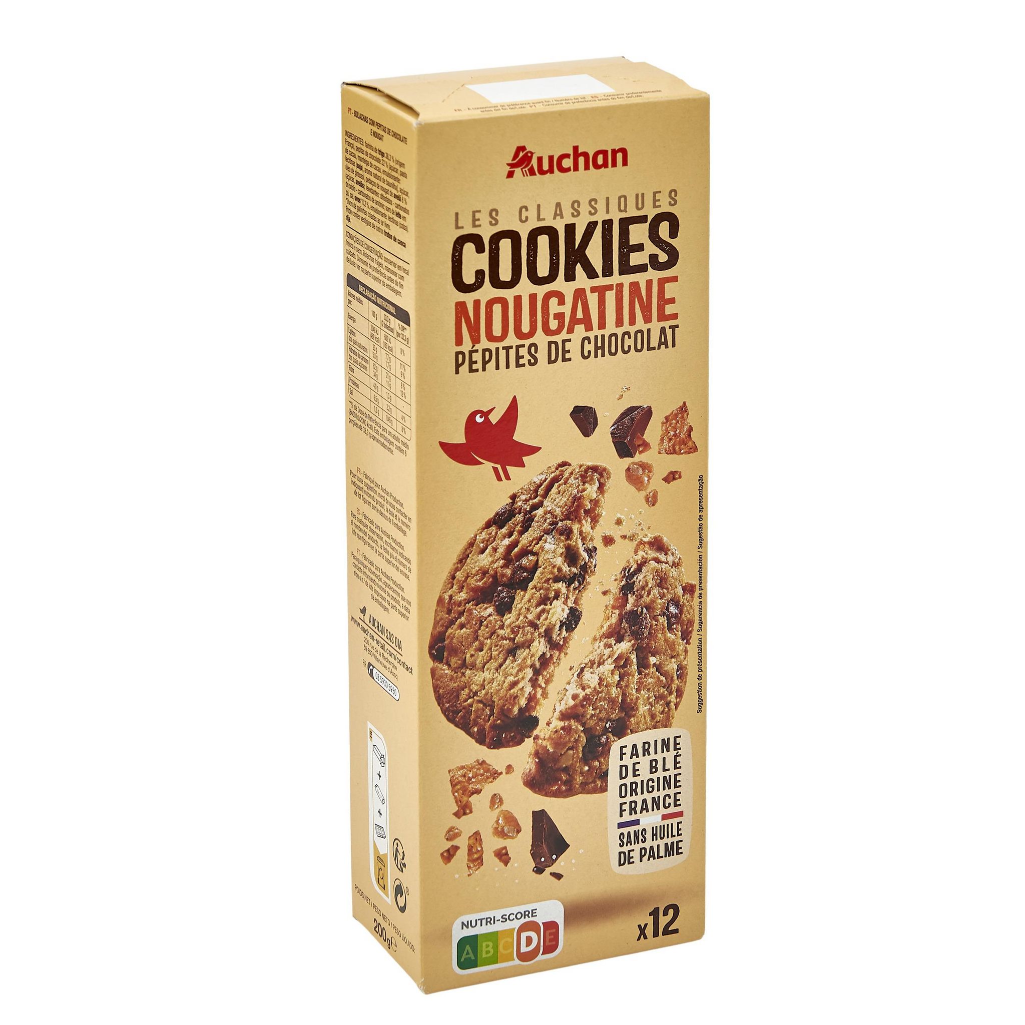 Voir la diapositive 3 : AUCHAN Cookies aux pépites de chocolat et nougatine 12 biscuits 200g