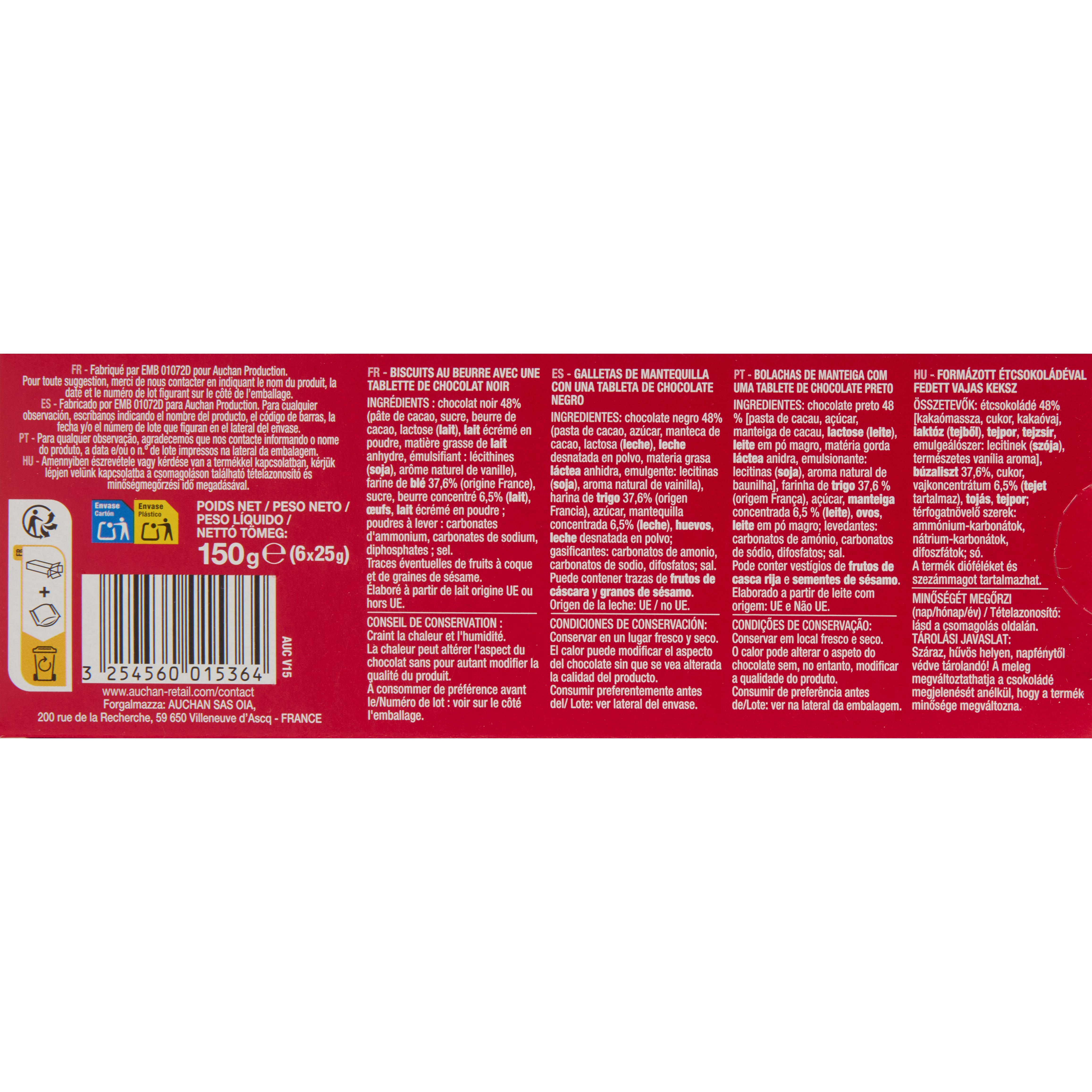 Voir la diapositive 5 : AUCHAN Petits beurre avec tablette de chocolat noir sachets fraîcheur 2x6 biscuits 150g