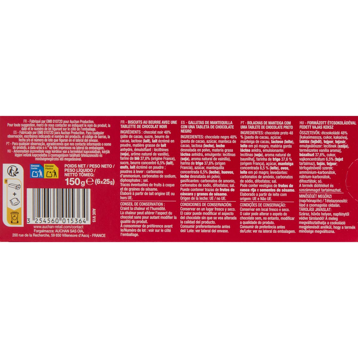 AUCHAN Petits beurre avec tablette de chocolat noir sachets fraîcheur 2x6 biscuits 150g