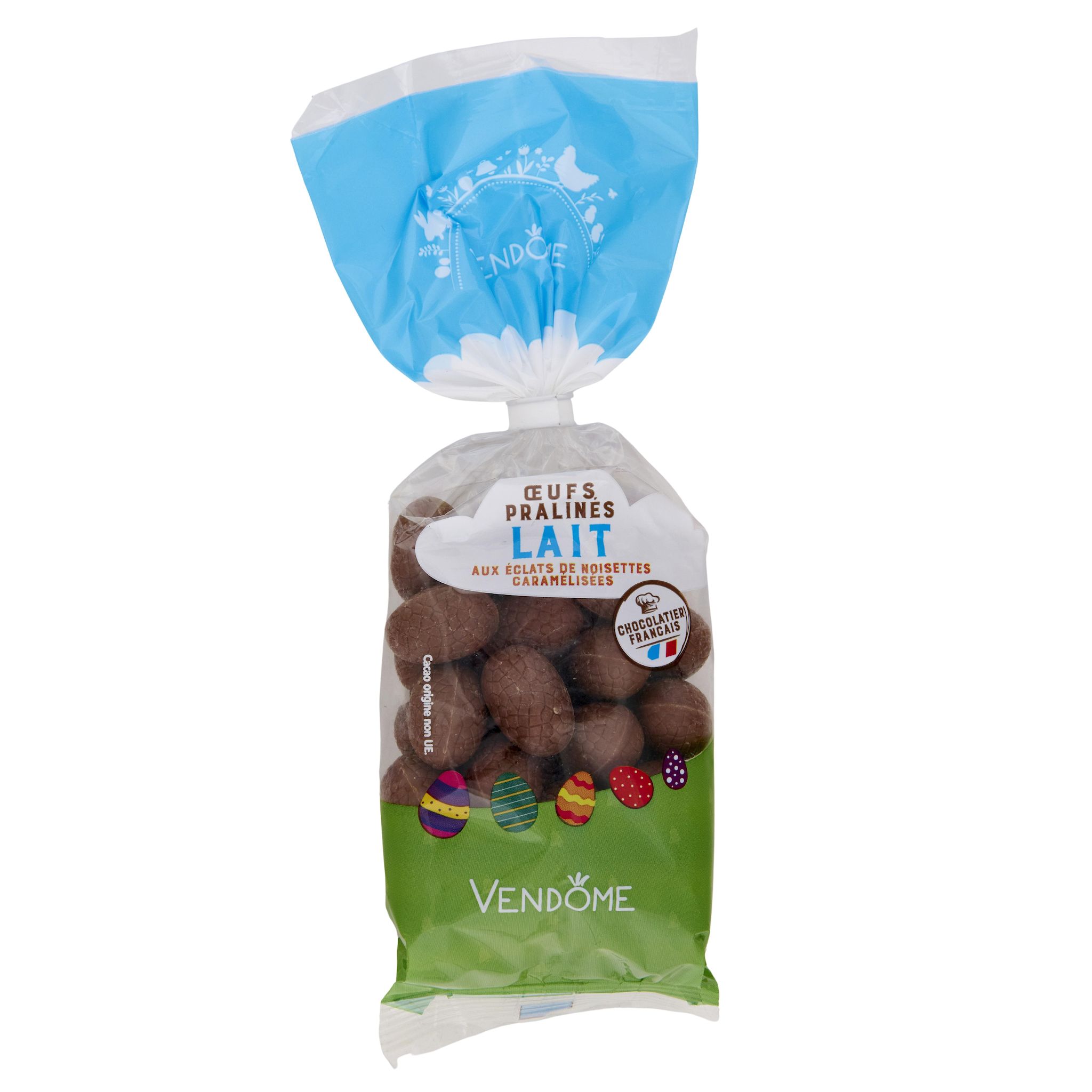 Voir la diapositive 2 : VENDOME Oeufs pralinés chocolat au lait et aux éclats de noisettes caramélisées 250g